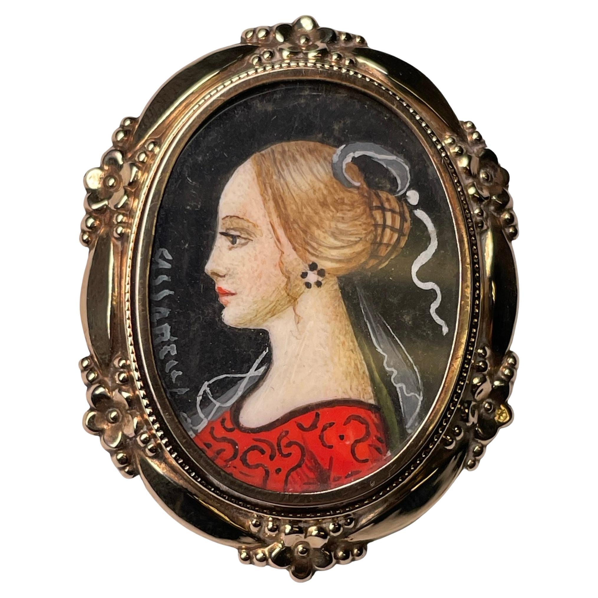  Gold Hand Painted Miniature Lady Portrait Brooch
