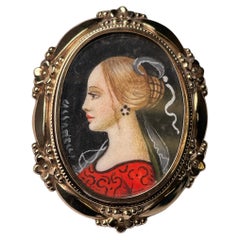 18 Kt Gold Hand Painted Miniature Lady Portrait Brooch