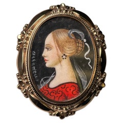 Vintage  Gold Hand Painted Miniature Lady Portrait Brooch