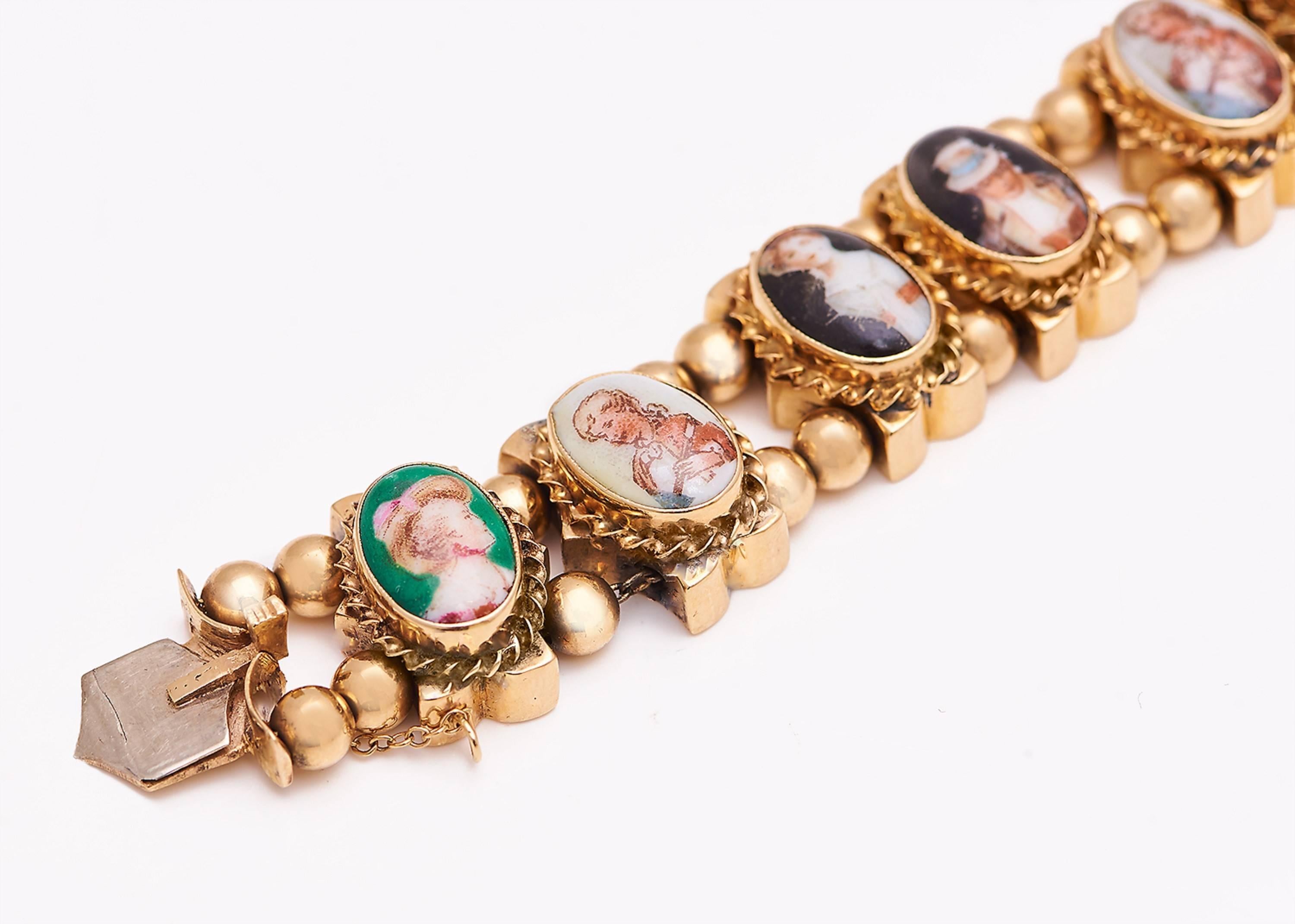 Unique 14 karat gold slide and bead bracelet. Featuring individual ovals of bezel-set porcelain, hand-painted with different men and women's portraits. Appears to be old, but age unknown. 

Measures 7 3/4 inches long.