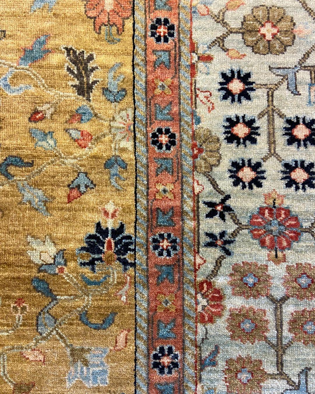 Gold Handknotted Rug with Blue Border, Pink, Green, and Floral Motifs, 6' x 9' For Sale 3