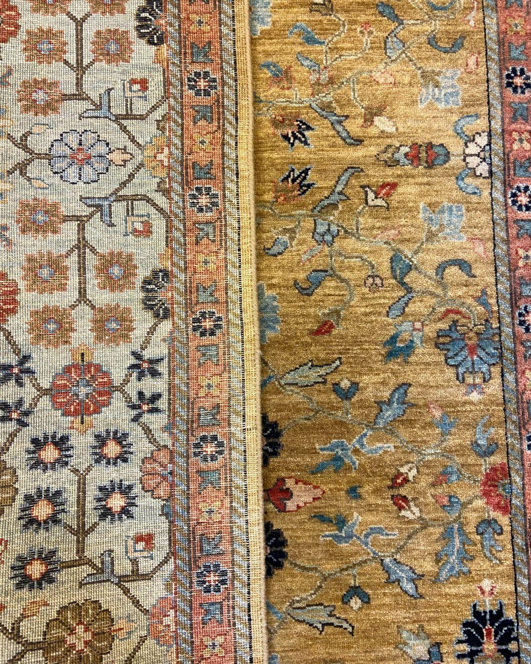 Gold Handknotted Rug with Blue Border, Pink, Green, and Floral Motifs, 6' x 9' For Sale 4