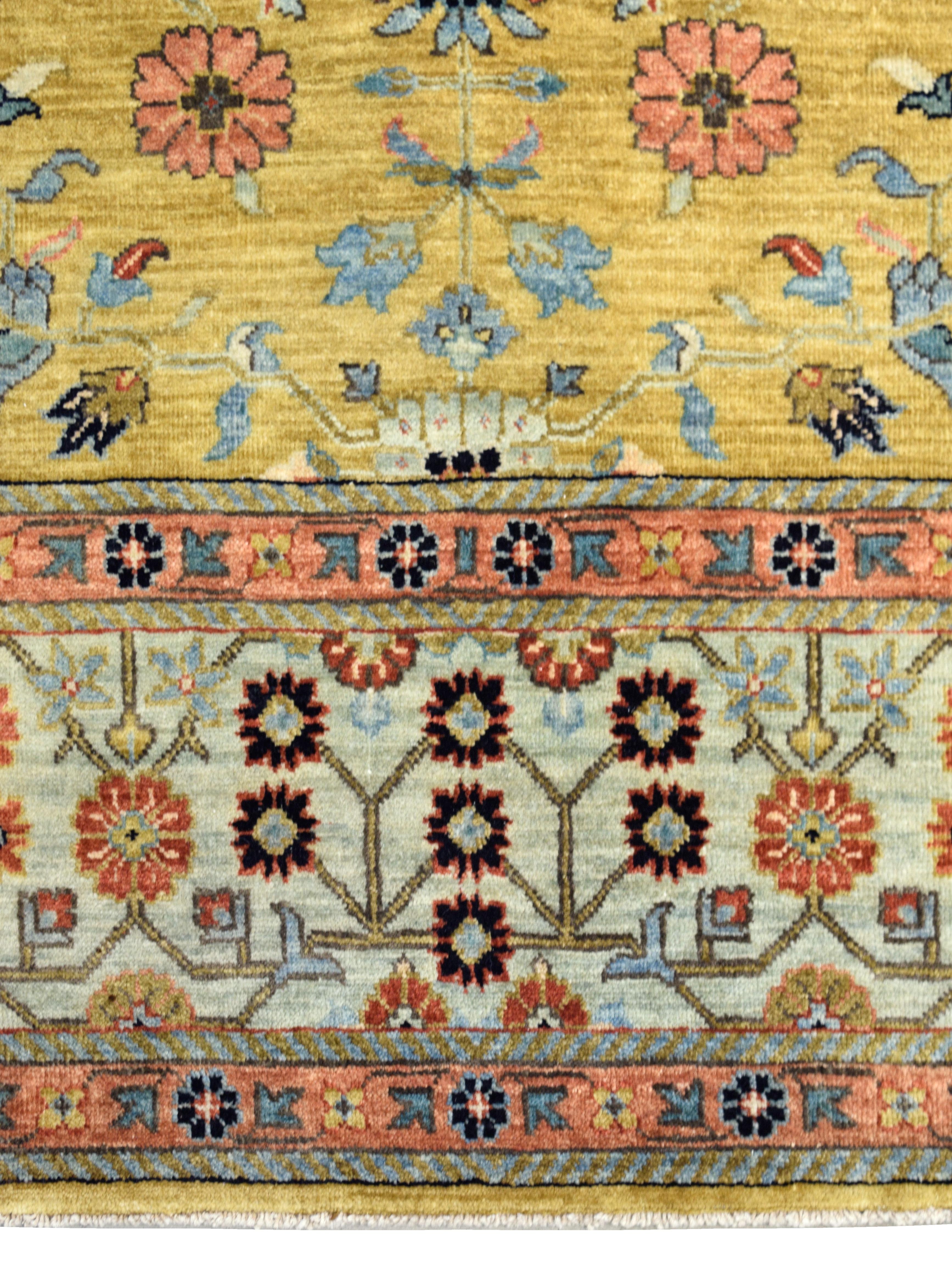 Hand-Knotted Gold Handknotted Rug with Blue Border, Pink, Green, and Floral Motifs, 6' x 9' For Sale