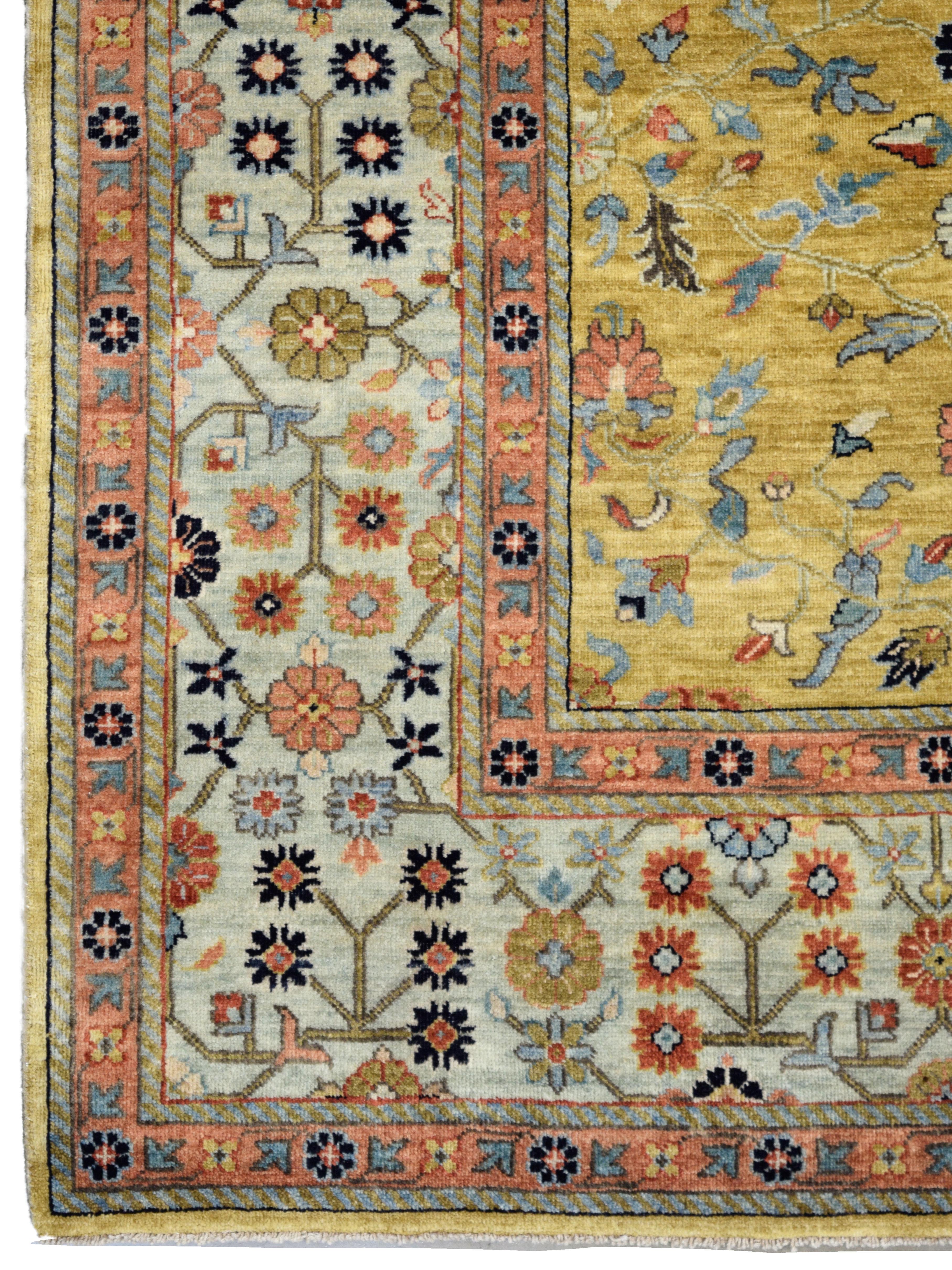Gold Handknotted Rug with Blue Border, Pink, Green, and Floral Motifs, 6' x 9' In New Condition For Sale In New York, NY