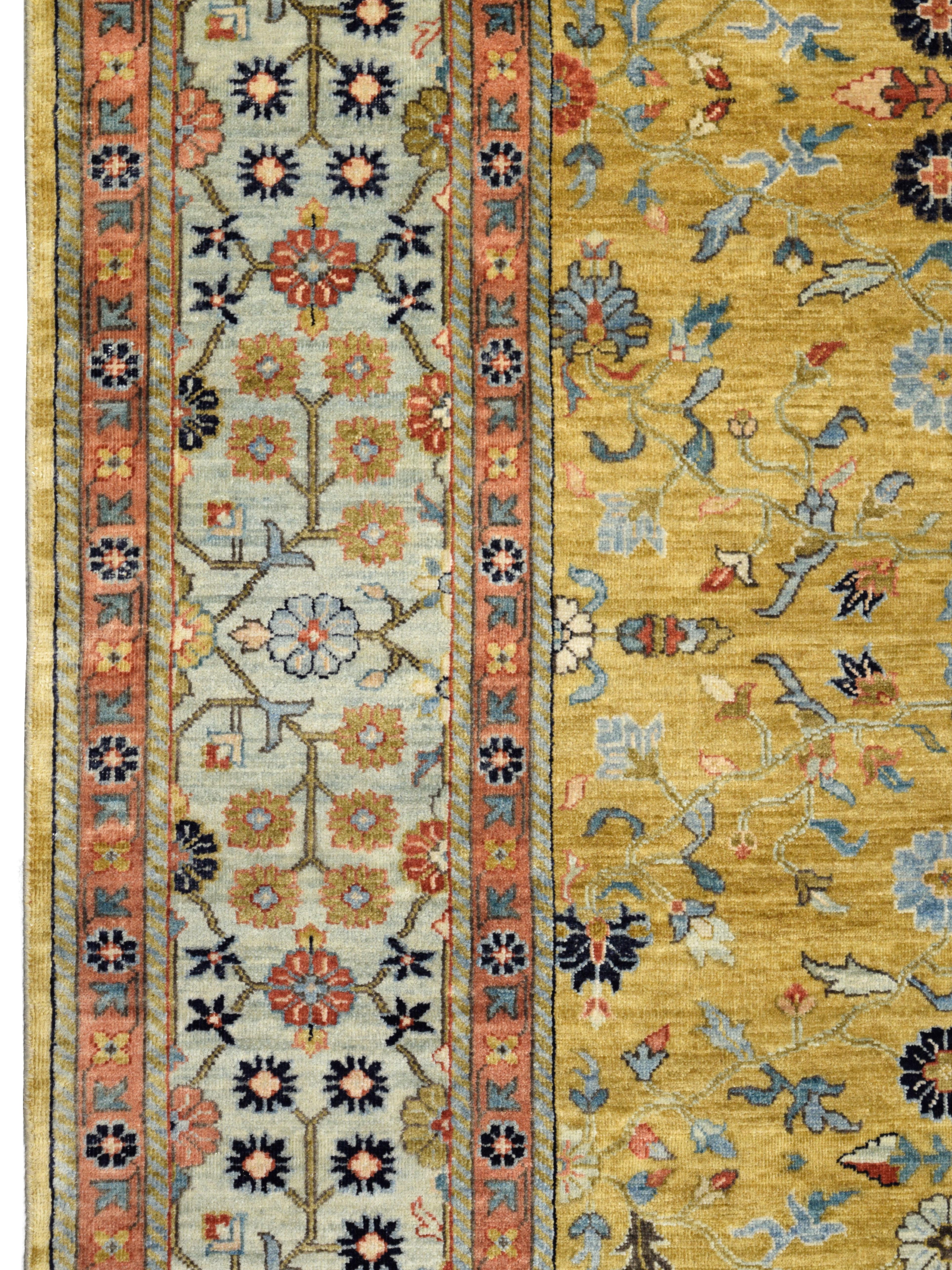 Contemporary Gold Handknotted Rug with Blue Border, Pink, Green, and Floral Motifs, 6' x 9' For Sale