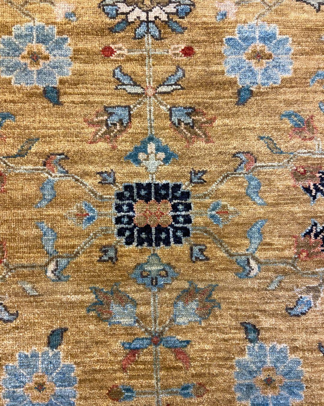 Gold Handknotted Rug with Blue Border, Pink, Green, and Floral Motifs, 6' x 9' For Sale 1