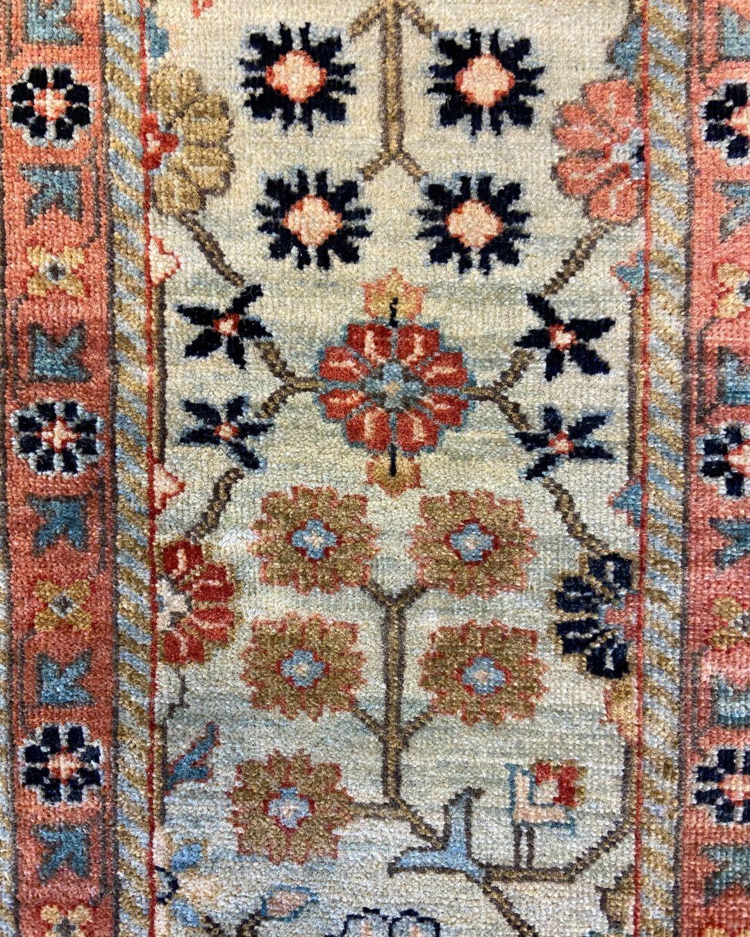 Gold Handknotted Rug with Blue Border, Pink, Green, and Floral Motifs, 6' x 9' For Sale 2