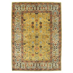 Gold Handknotted Rug with Blue Border, Pink, Green, and Floral Motifs, 6' x 9'