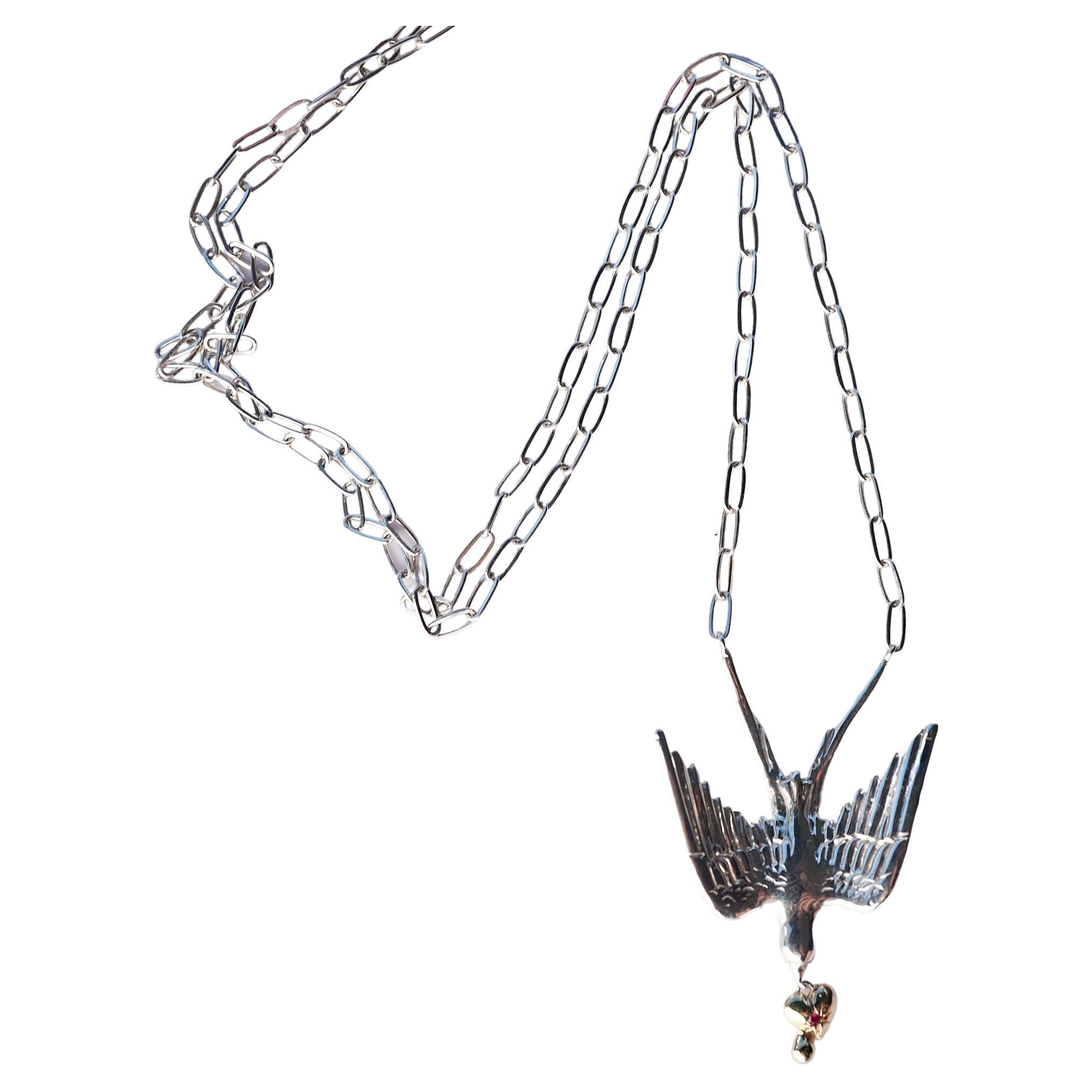 Halskette mit Goldherz mit Taube  Silberne Silberkette Rubin im viktorianischen Stil J Dauphin