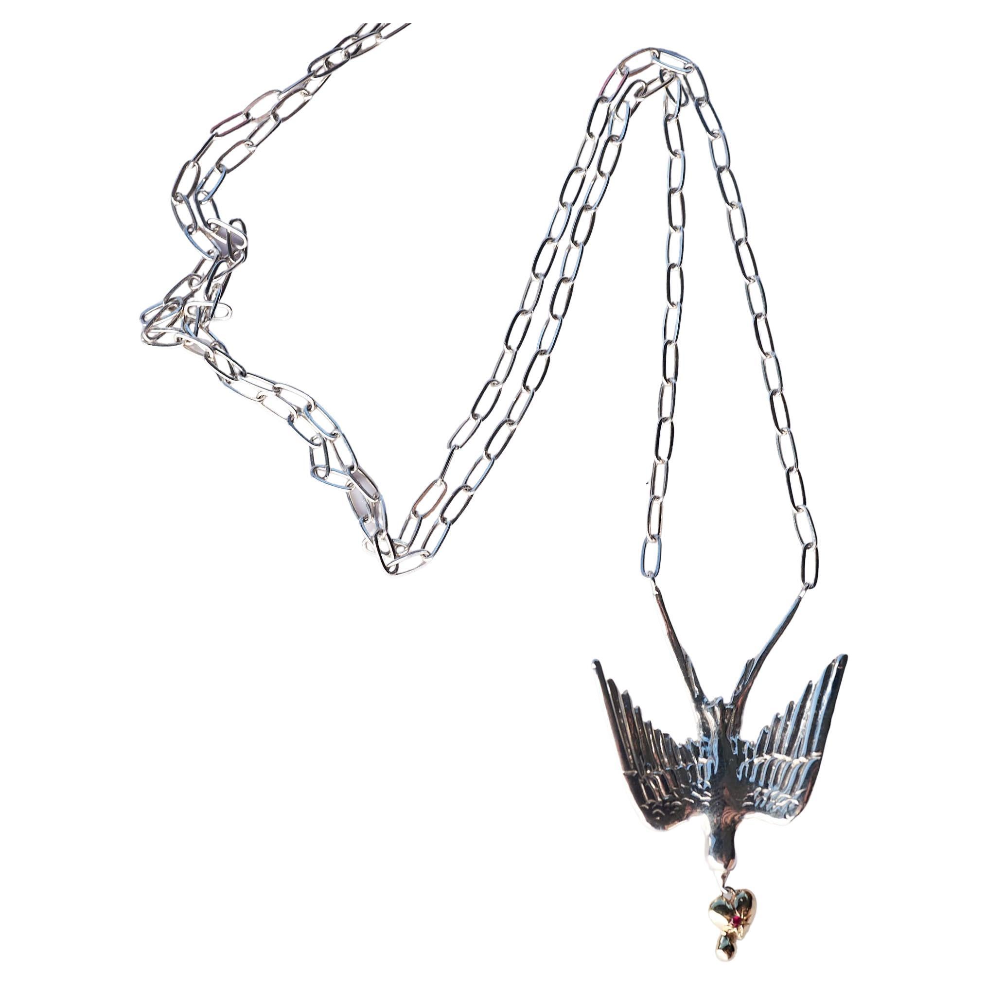 Collar Paloma Oro Corazón  Cadena de Plata Rubí Estilo Victoriano J DAUPHIN