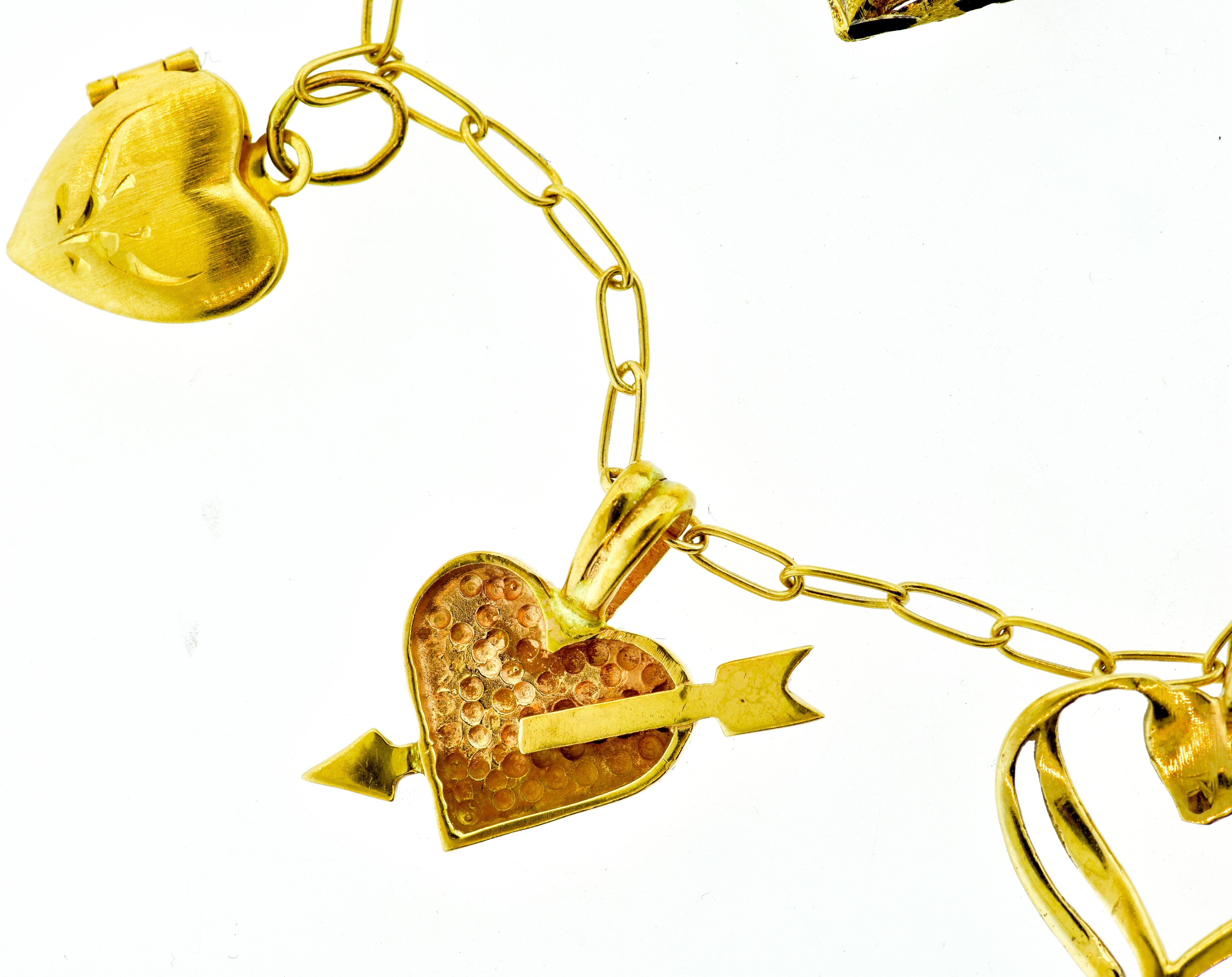 Gold Heart Motif Charm Necklace In Good Condition In Aspen, CO