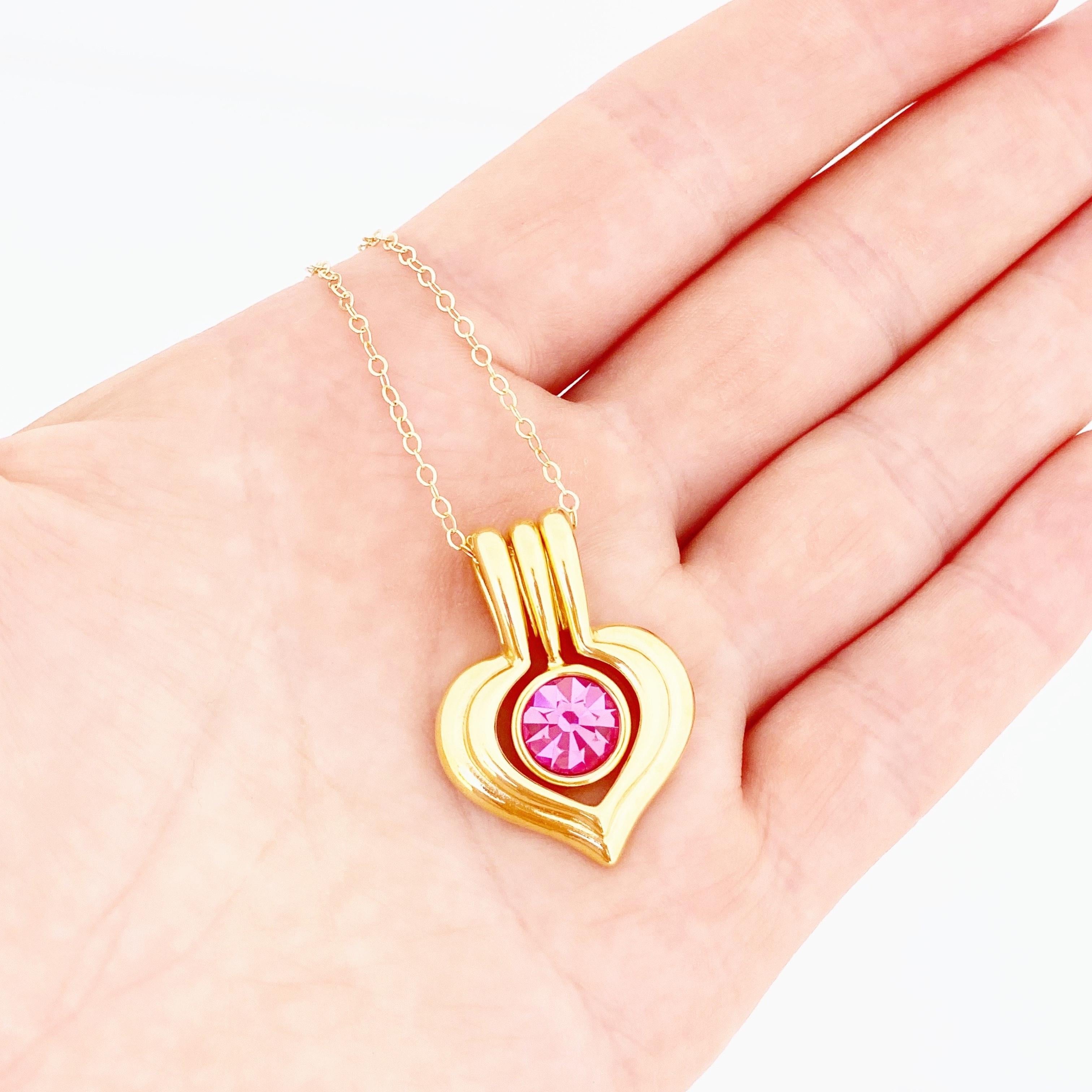 Modern Gold Heart Pendant Necklace With Pink Crystal By Nolan Miller, 1980s For Sale