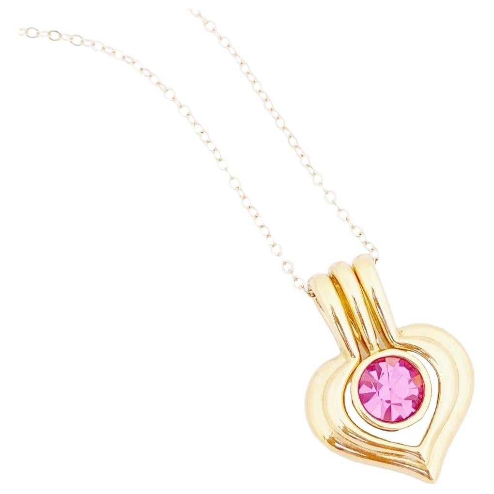 Gold Heart Pendant Necklace With Pink Crystal By Nolan Miller, 1980s For Sale