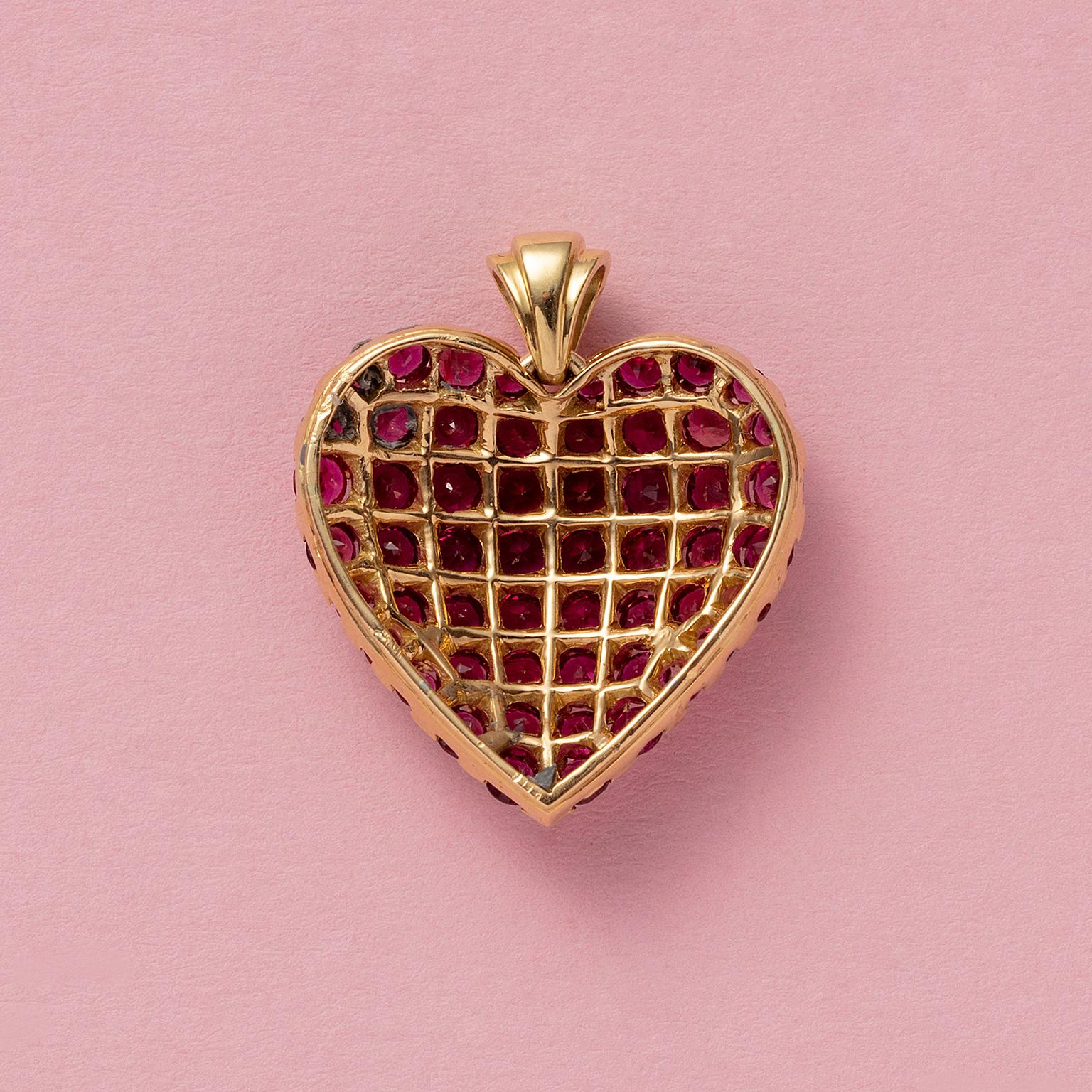 Brilliant Cut Gold Heart Pendant with Rubies and Diamonds
