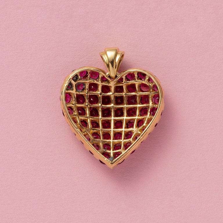 Brilliant Cut Gold Heart Pendant with Rubies and Diamonds For Sale