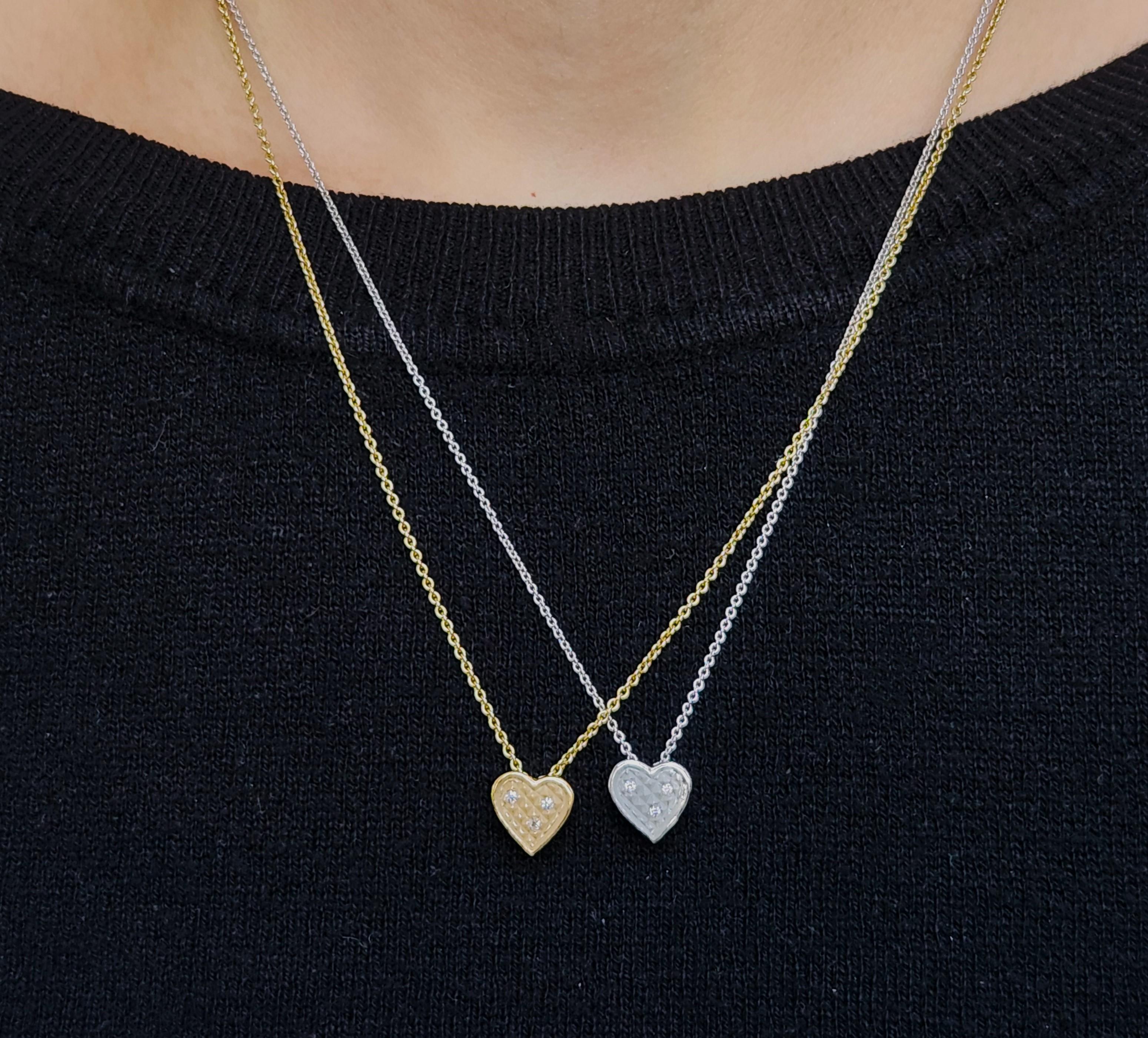 Contemporary Gold Heart Slide with Diamonds and Pyramid Pattern Necklace in 18K Gold For Sale