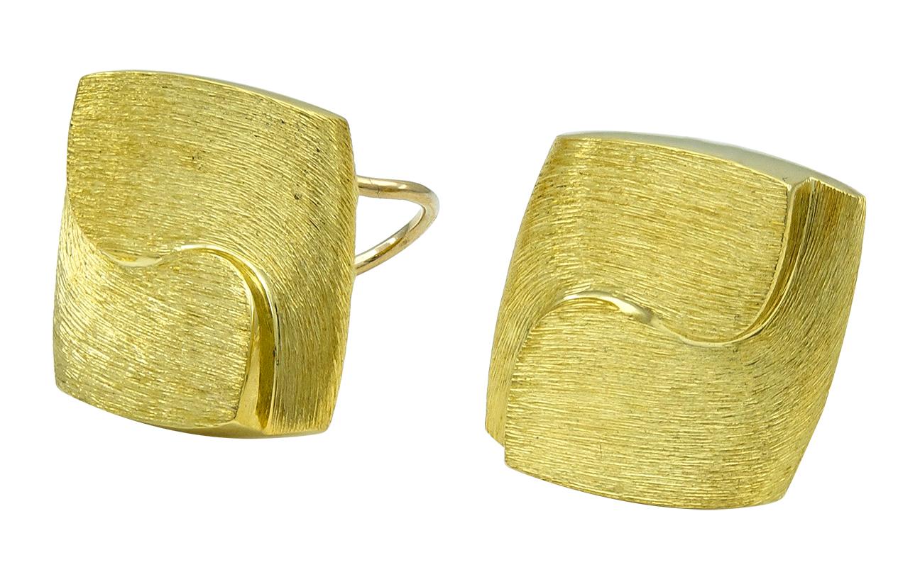 Chic geometric ear clips.  Made and signed by HENRY DUNAY.  18K textured yellow gold.  3/4