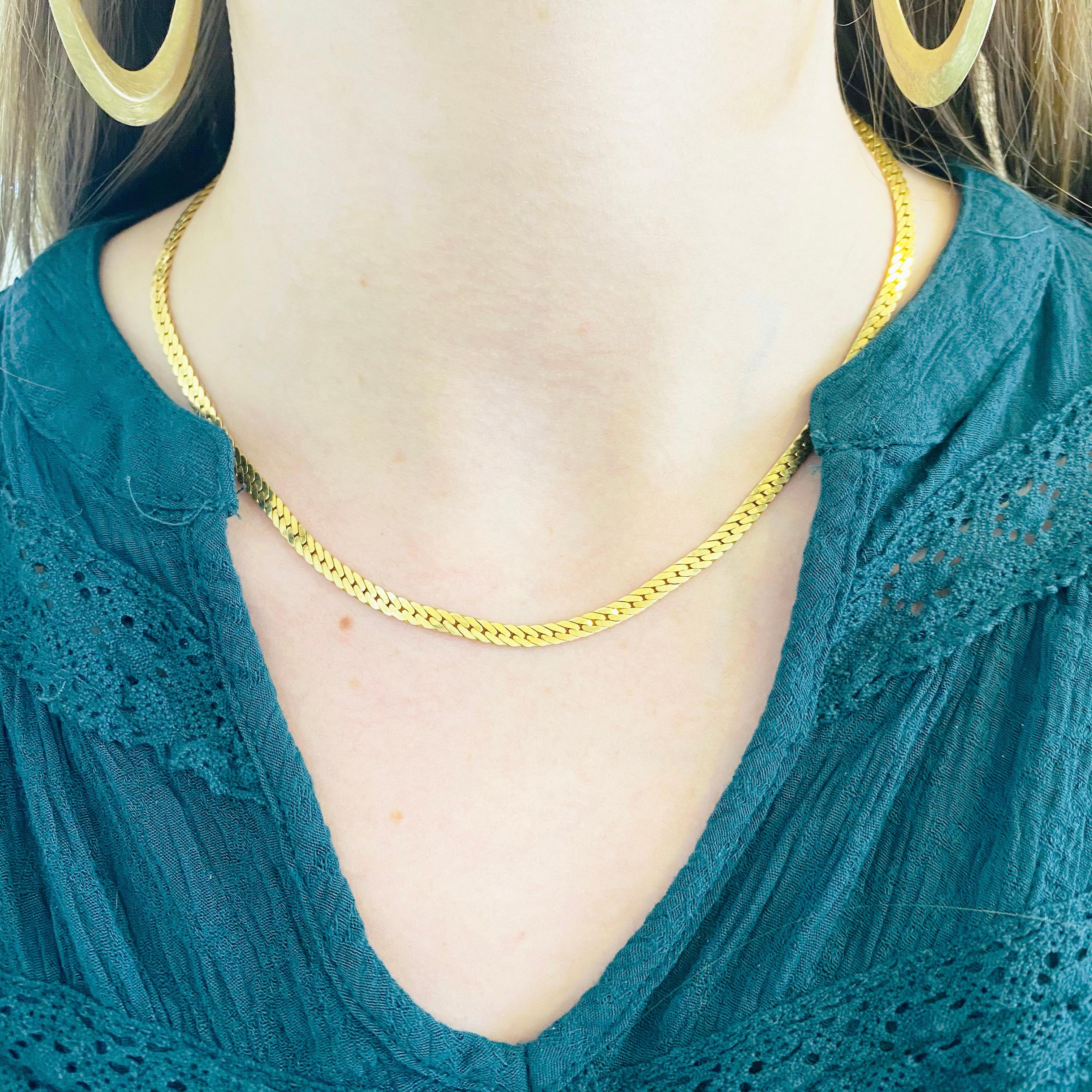 The herringbone chain, or flat gold chain style, which dates back to ancient Egyptian times, is a sophisticated design. It gets its name from the herringbone fish, a fish  known for their many parallel and slanted bones and this herringbone chain is