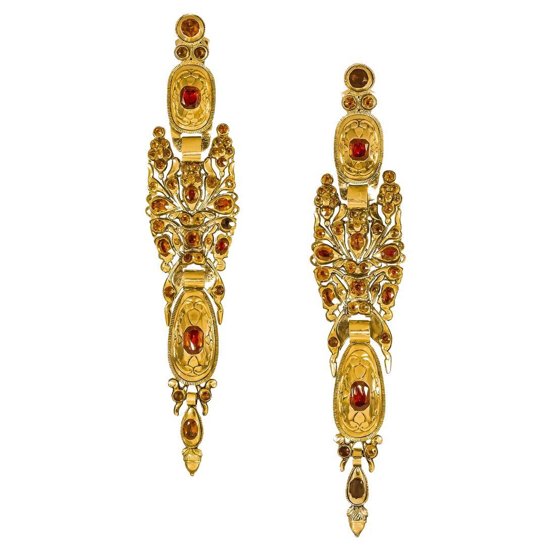 Gold & Hessonite Garnet Pendeloque Style Earrings; Iberian; Spain; Ca 1780 For Sale