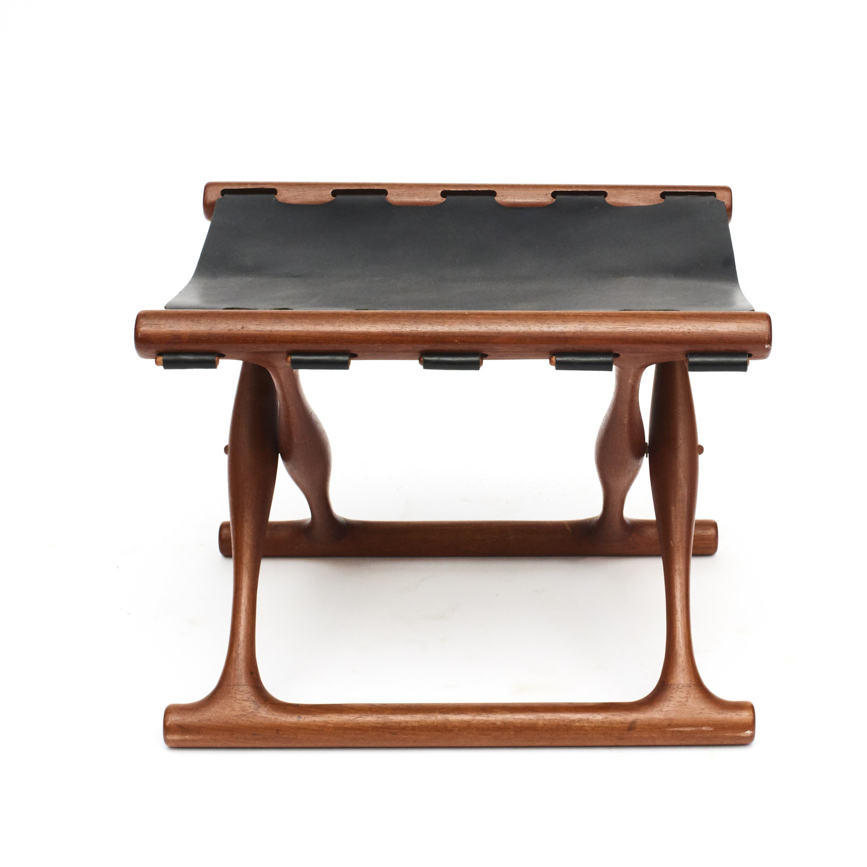 Modern ”Gold Hill” Teak and Leather Folding Stool by Poul Hundevad
