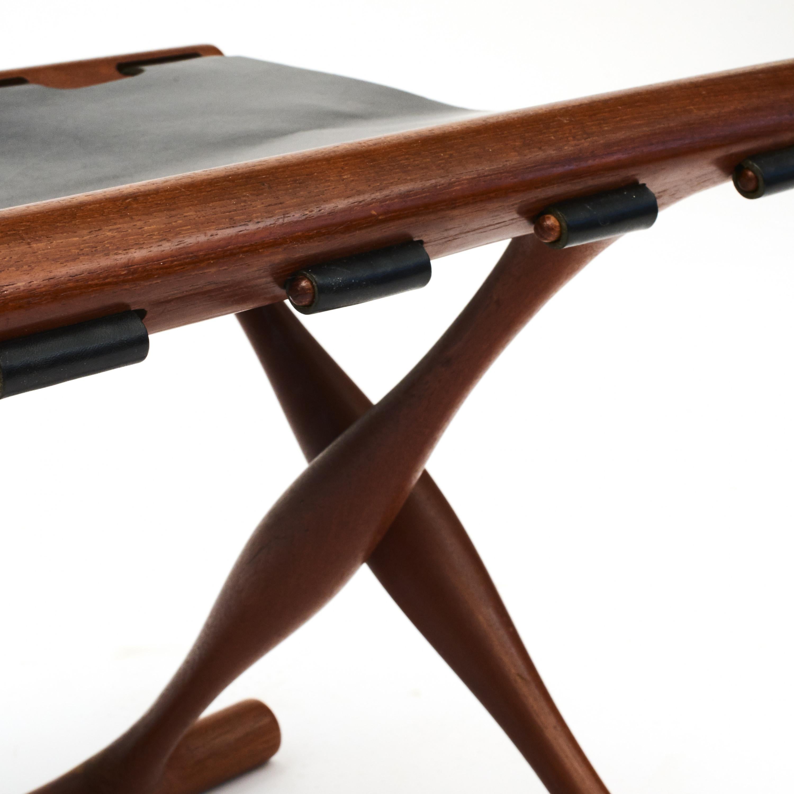 20th Century ”Gold Hill” Teak and Leather Folding Stool by Poul Hundevad