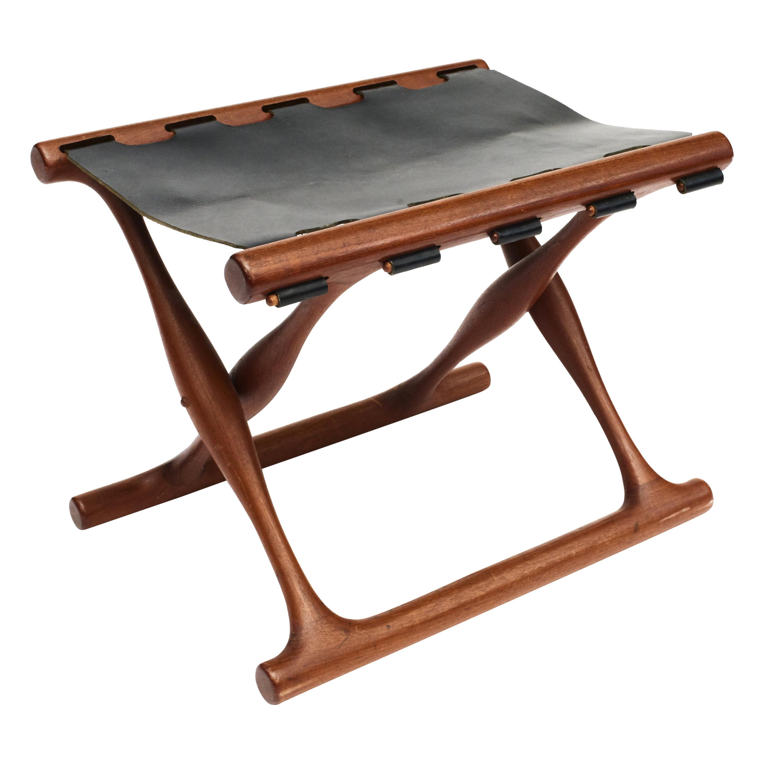 ”Gold Hill” Teak and Leather Folding Stool by Poul Hundevad