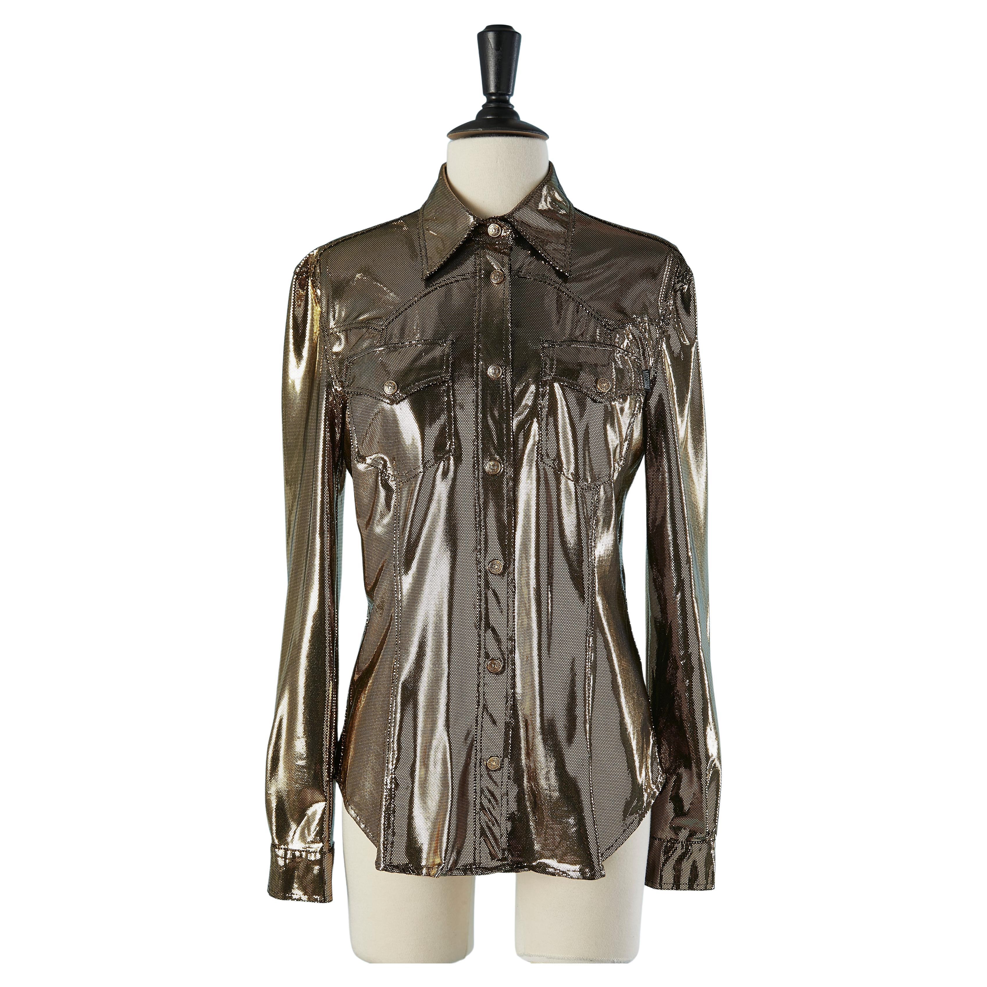 Gold hologram shirt with branded snaps Moschino Jeans  For Sale