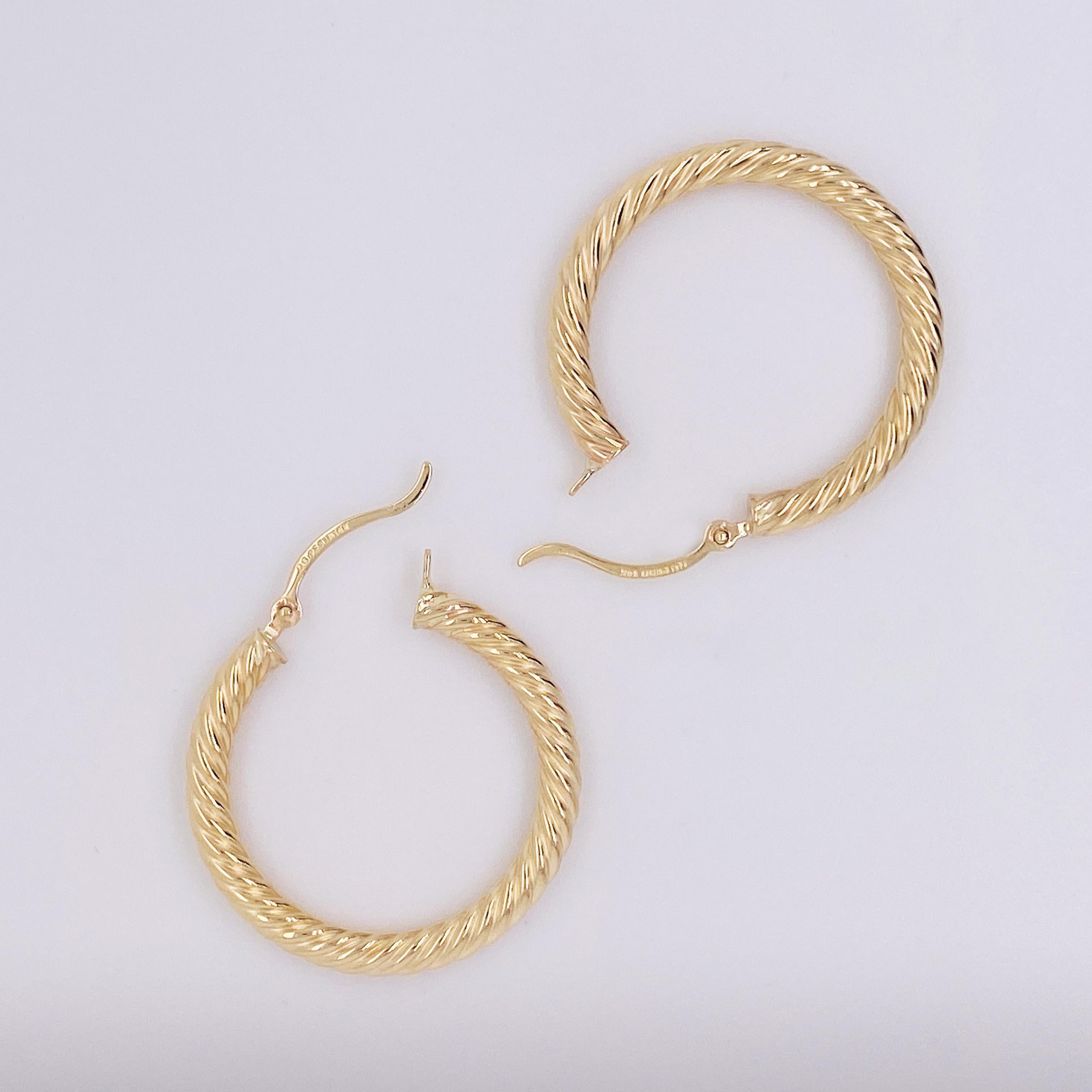 Gold Hoop Earrings, 14 Karat Twisted Hoops, 14 Karat Yellow Gold, Medium Hoops In New Condition In Austin, TX