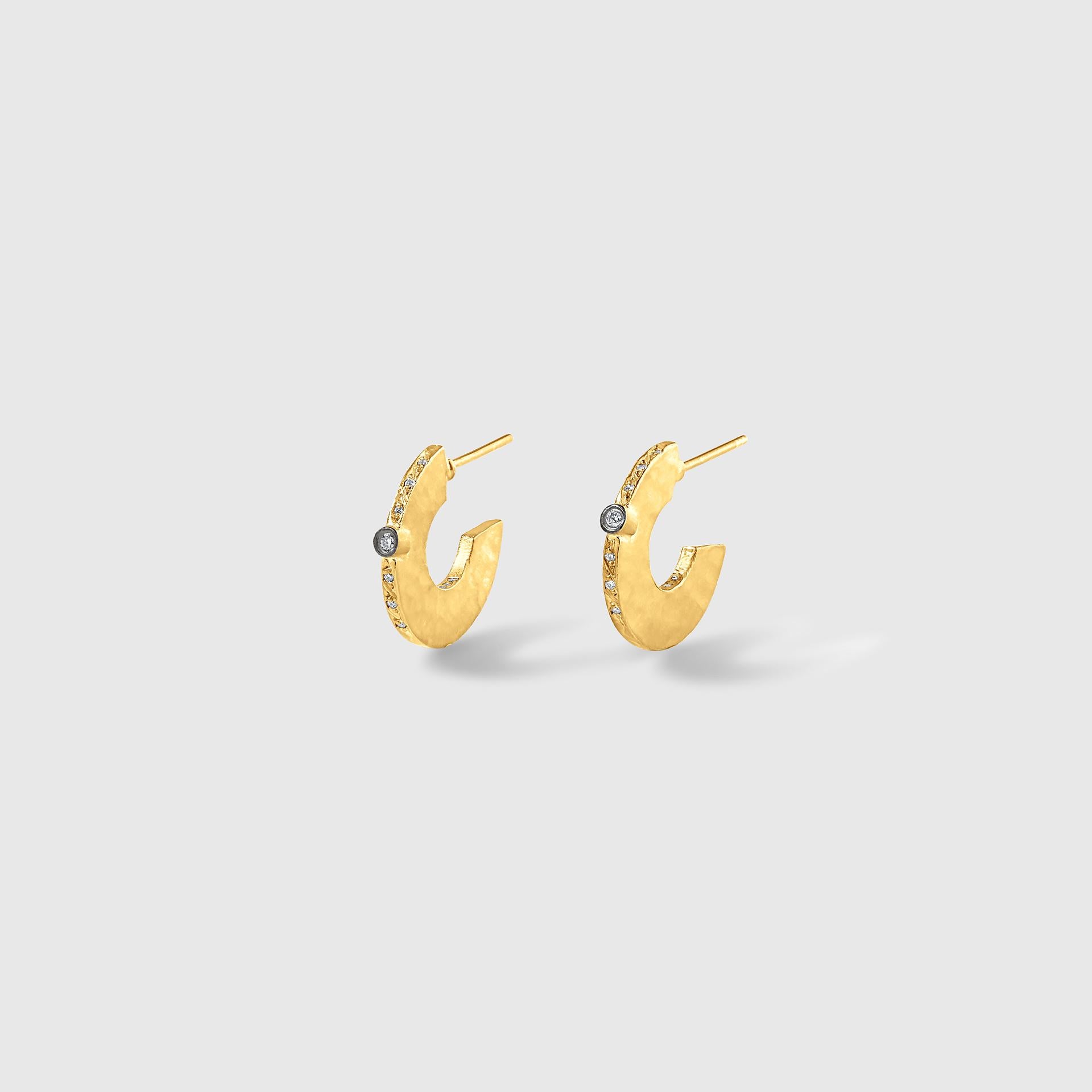 Gold Hoop Earrings with Diamond Detail, 24kt Yellow Gold and Silver, Size Small, Length: 3/4