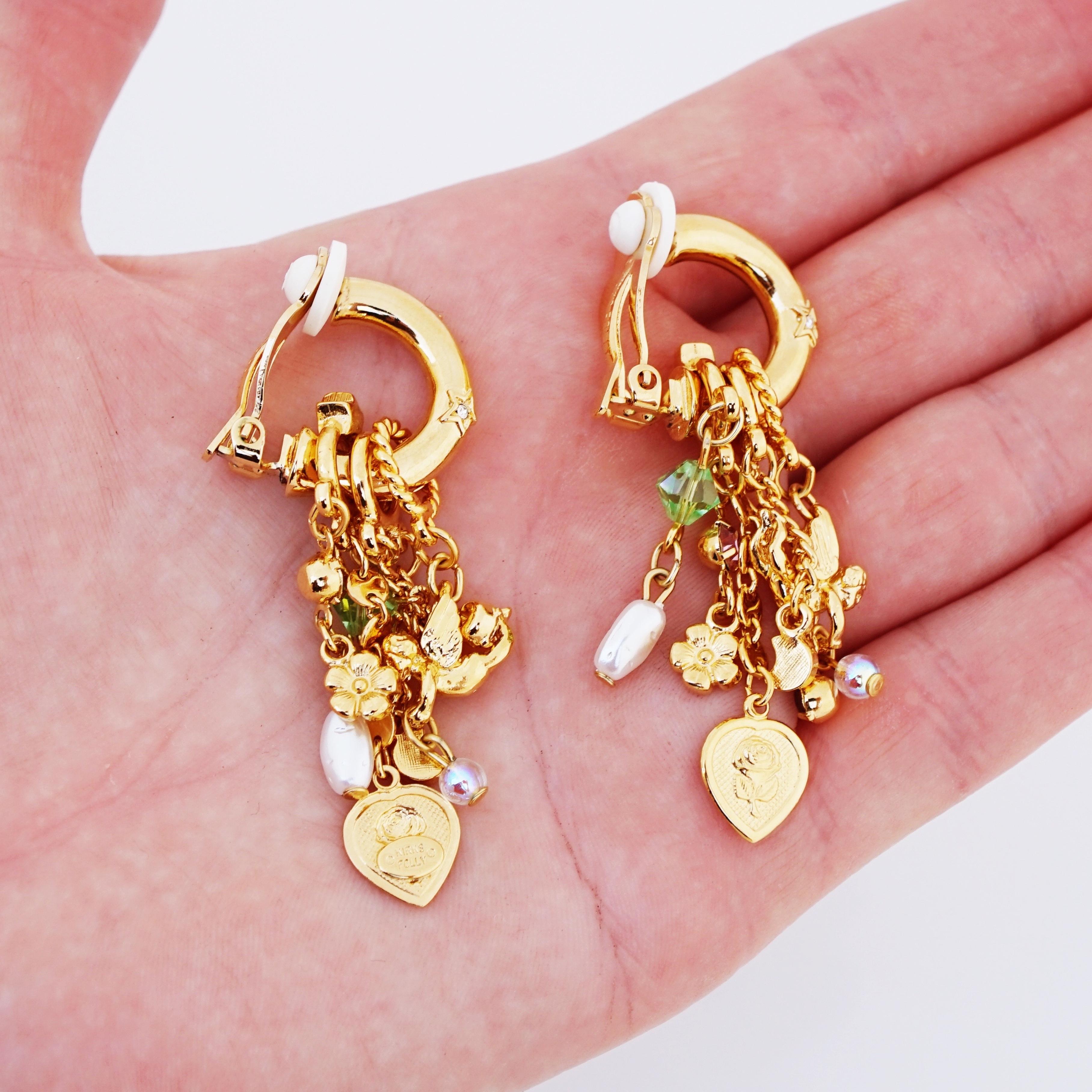 Women's Gold Hoop Earrings With Interchangeable Charm Dangles By Kirks Folly, 1980s For Sale