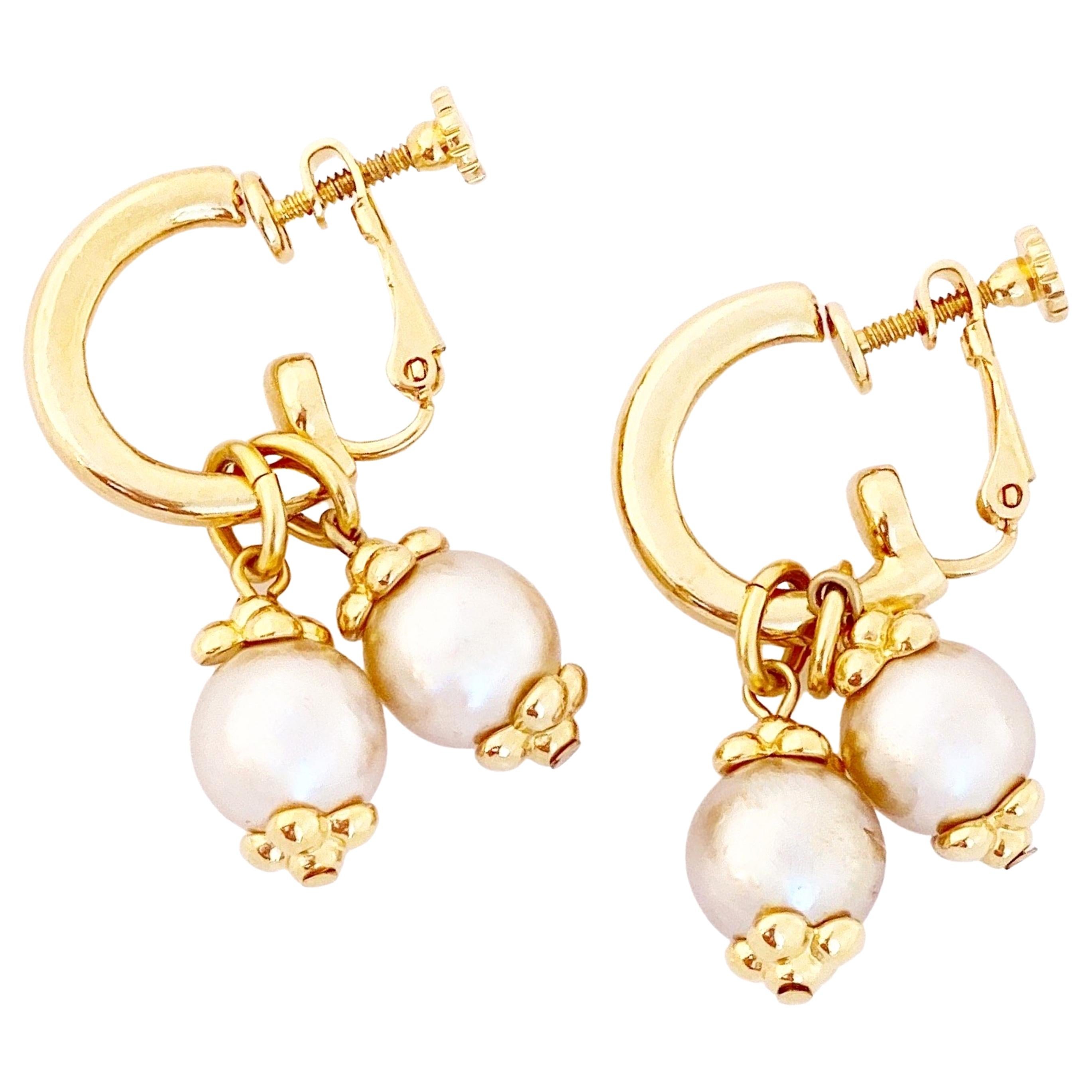 Gold Hoop Earrings With Pearl Charms By Joan Rivers, 1990s
