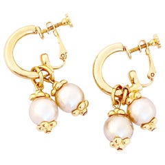 Vintage Gold Hoop Earrings With Pearl Charms By Joan Rivers, 1990s
