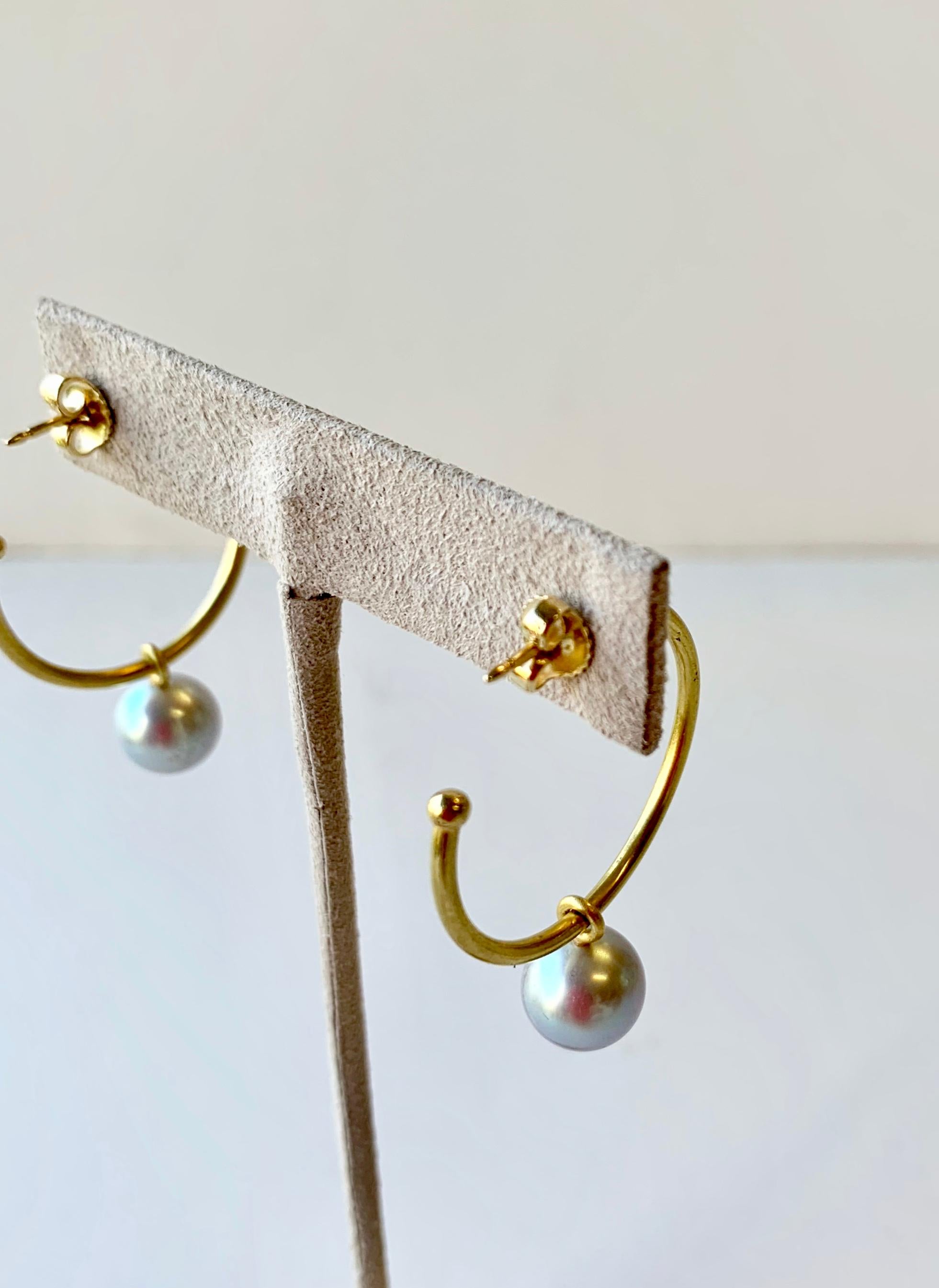 Artisan Earrings gold hoops and Akoya grey pearls 20 Karat Gold 18 Karat Gold 