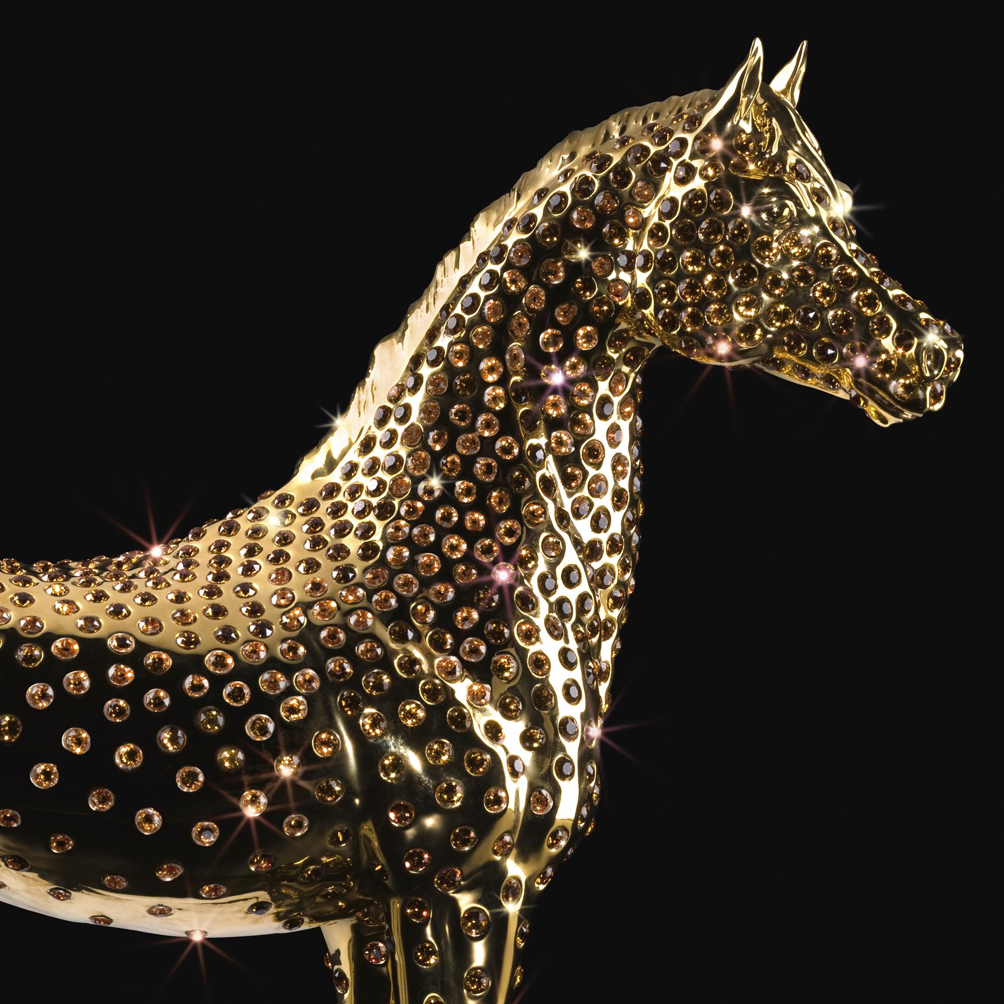 Carved Gold Horse with Amber Crystals Sculpture For Sale