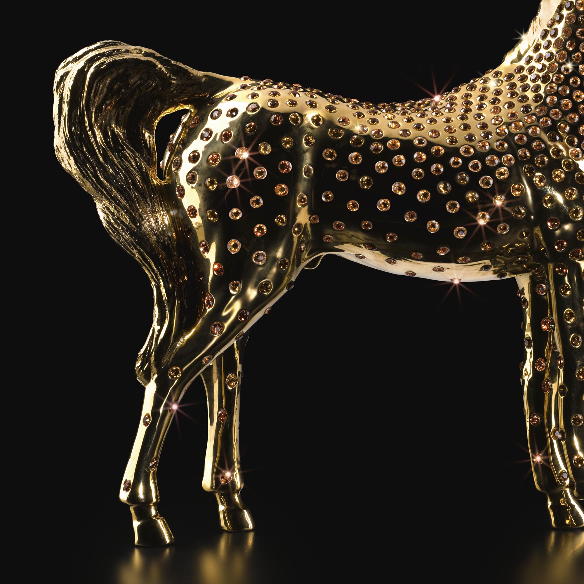 Gold Plate Gold Horse with Amber Crystals Sculpture For Sale