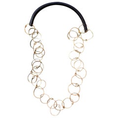 Gold Hued Hammered Brass Circles Chain Long Necklace