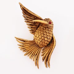 Gold Hummingbird Figural Brooch With Outstretched Wings By DeNicola, 1960s