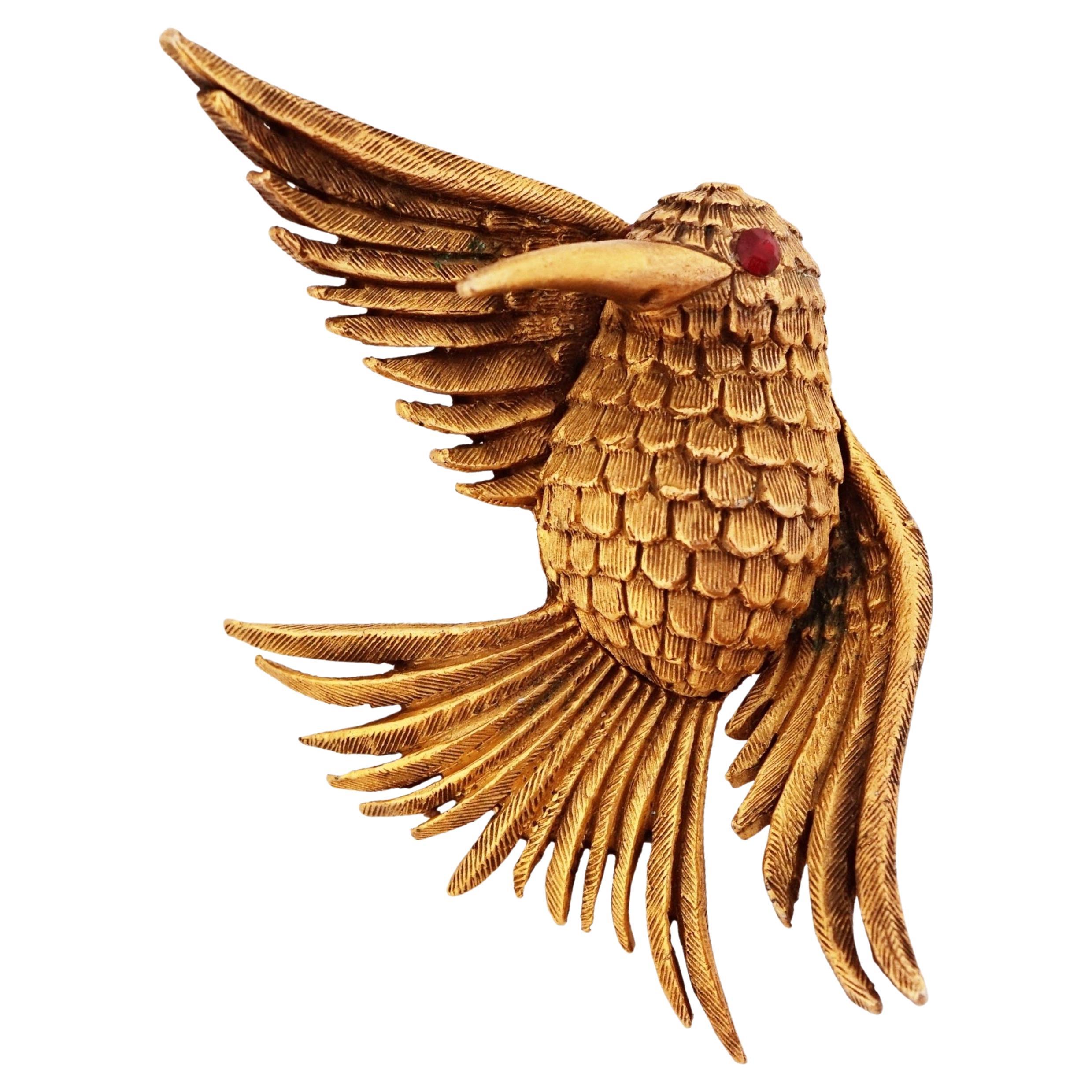 Gold Hummingbird Figural Brooch With Outstretched Wings By DeNicola, 1960s