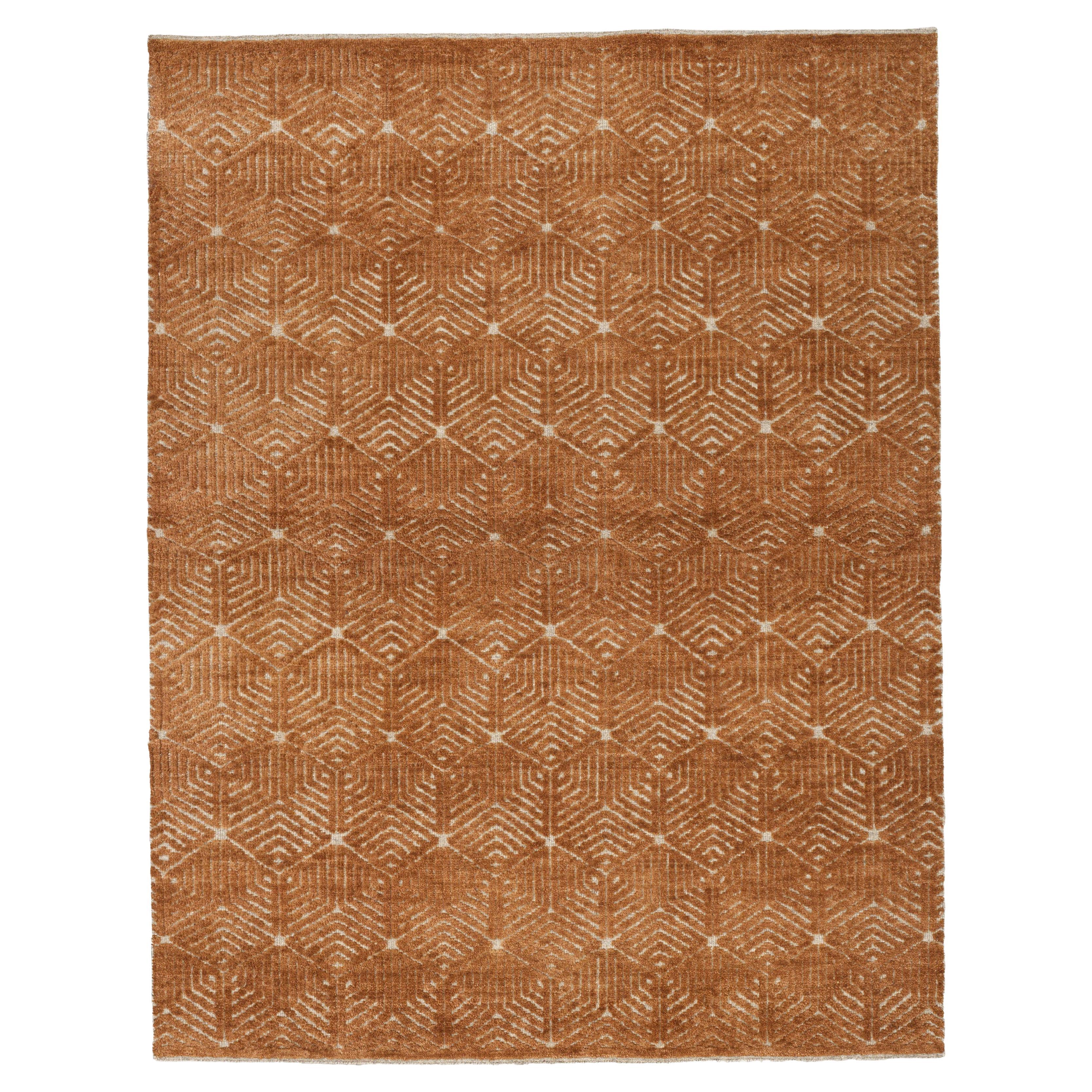 Gold Indian Viscose Rayon Hand tufted Rug 6 ft x 8 ft , Golden Geometry Lattice For Sale