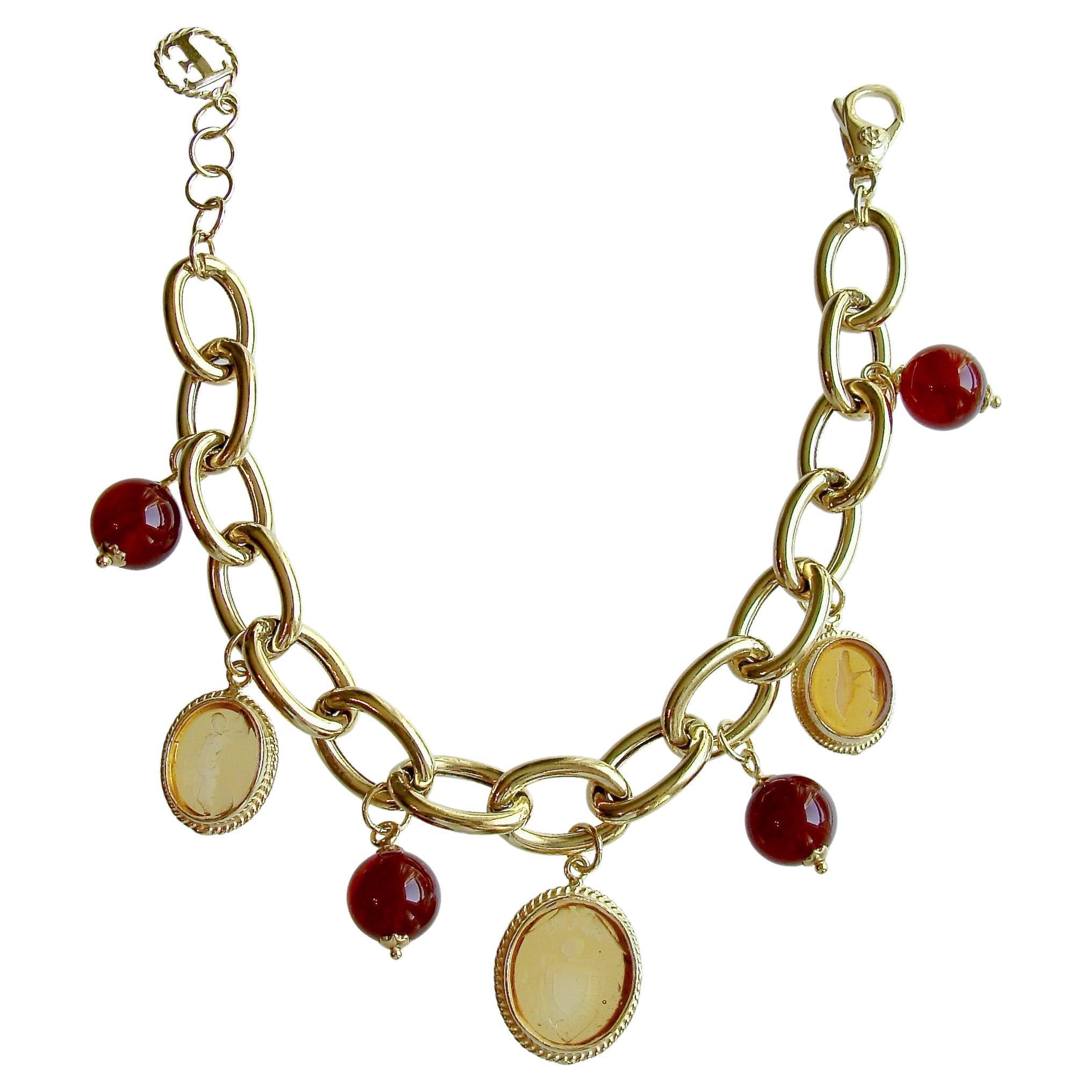 Gold Intaglios and Carnelian Charm Bracelet with Adjustable Clasp - Piedmont Bra