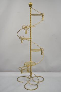 Gold Italian Hollywood Regency Iron Spiral Staircase Tall Plant Stand Planter