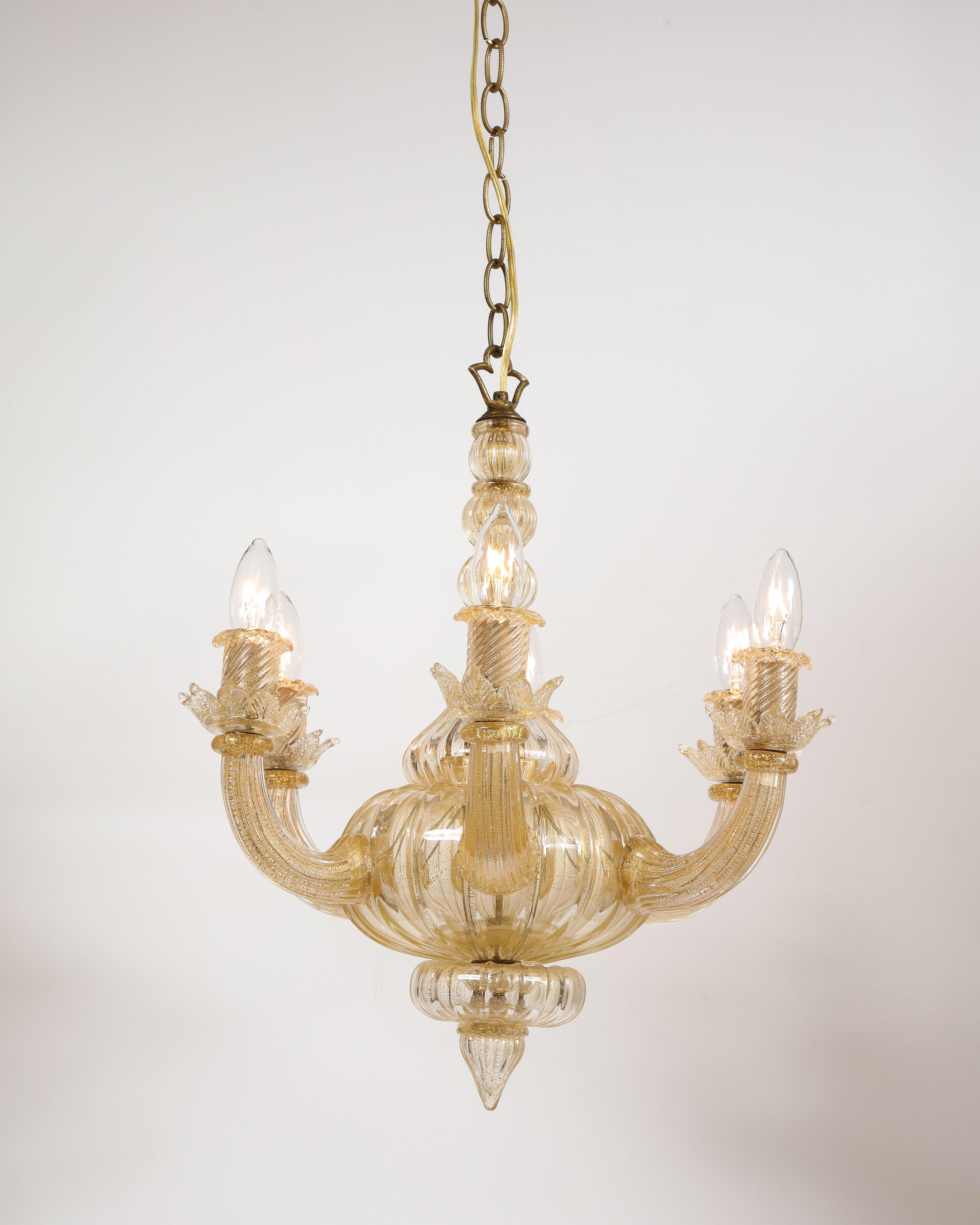 Gold Italian Murano Midcentury 6 Arm Neoclassical Style Chandelier For Sale 5