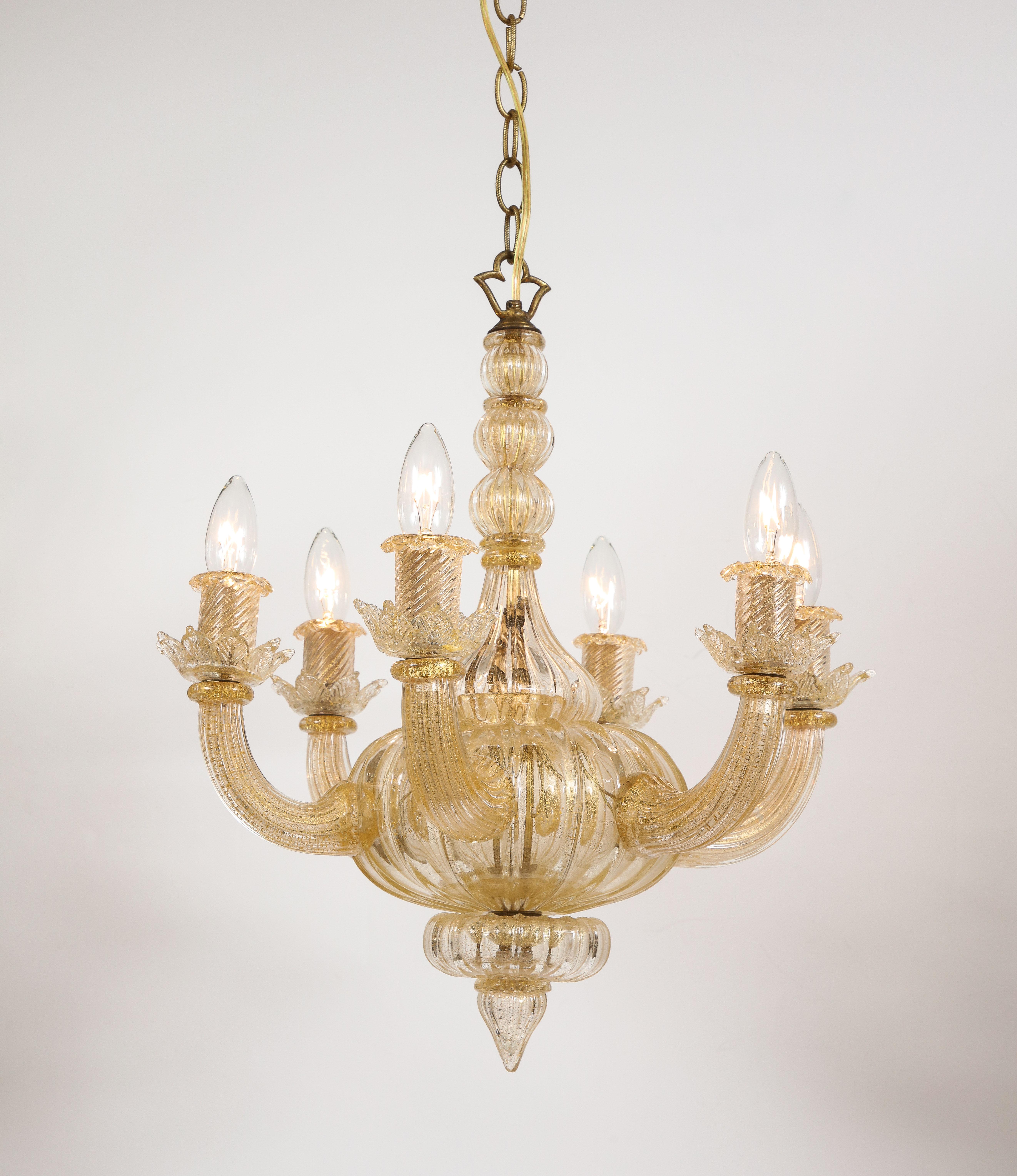Gold Italian Murano Midcentury 6 Arm Neoclassical Style Chandelier For Sale 6