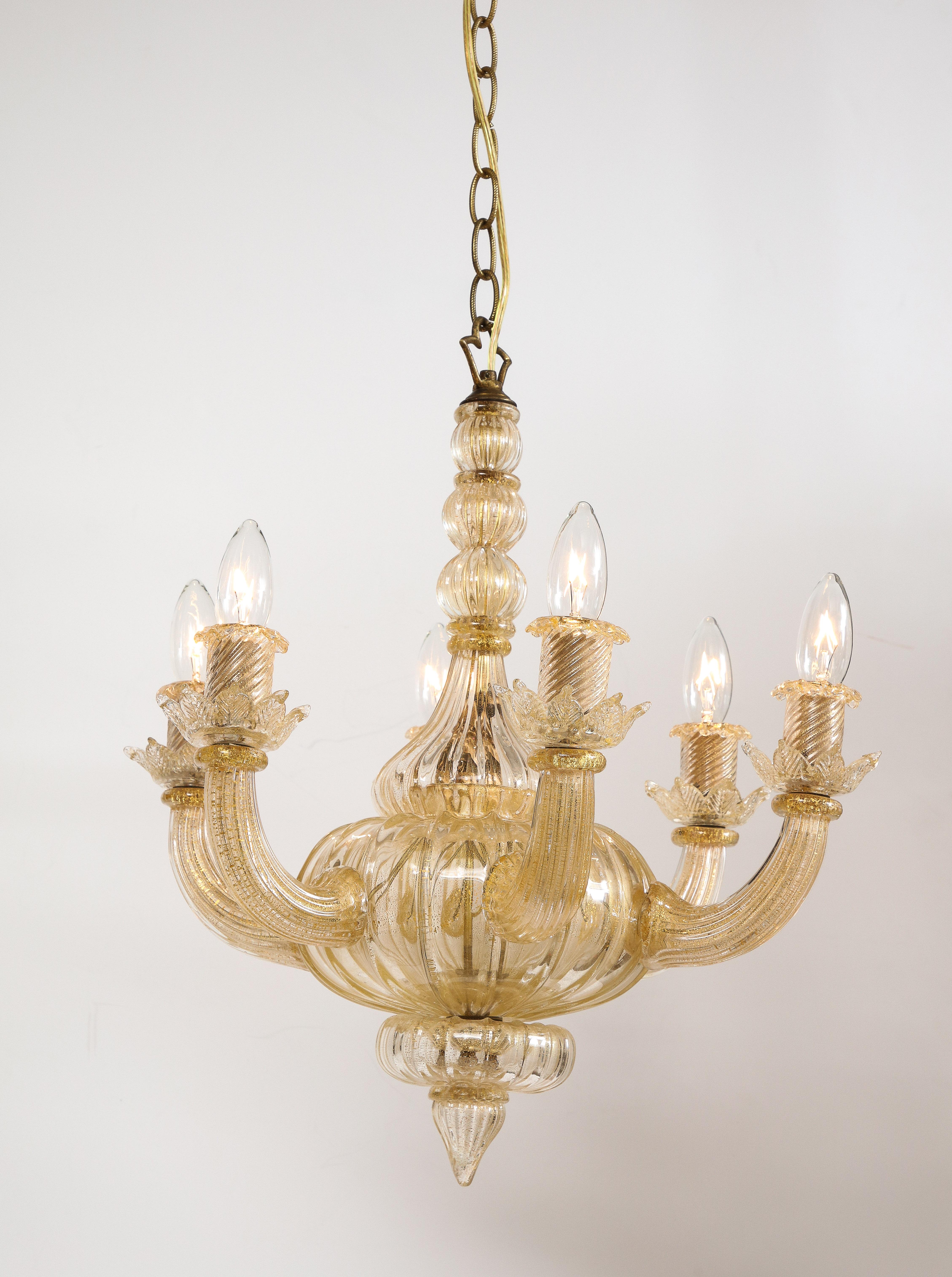Gold Italian Murano Midcentury 6 Arm Neoclassical Style Chandelier For Sale 7