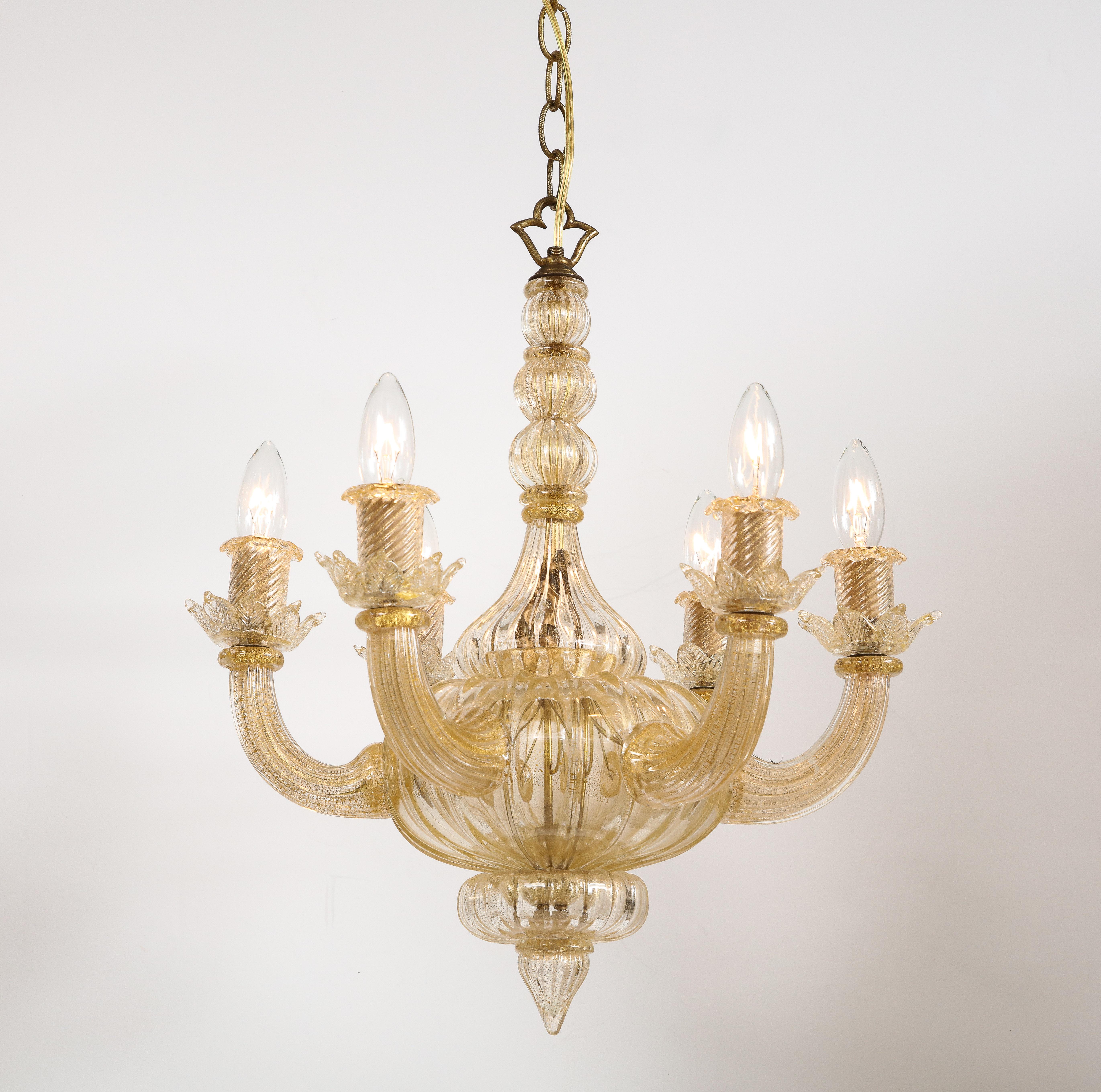 Mid-Century Modern Gold Italian Murano Midcentury 6 Arm Neoclassical Style Chandelier For Sale