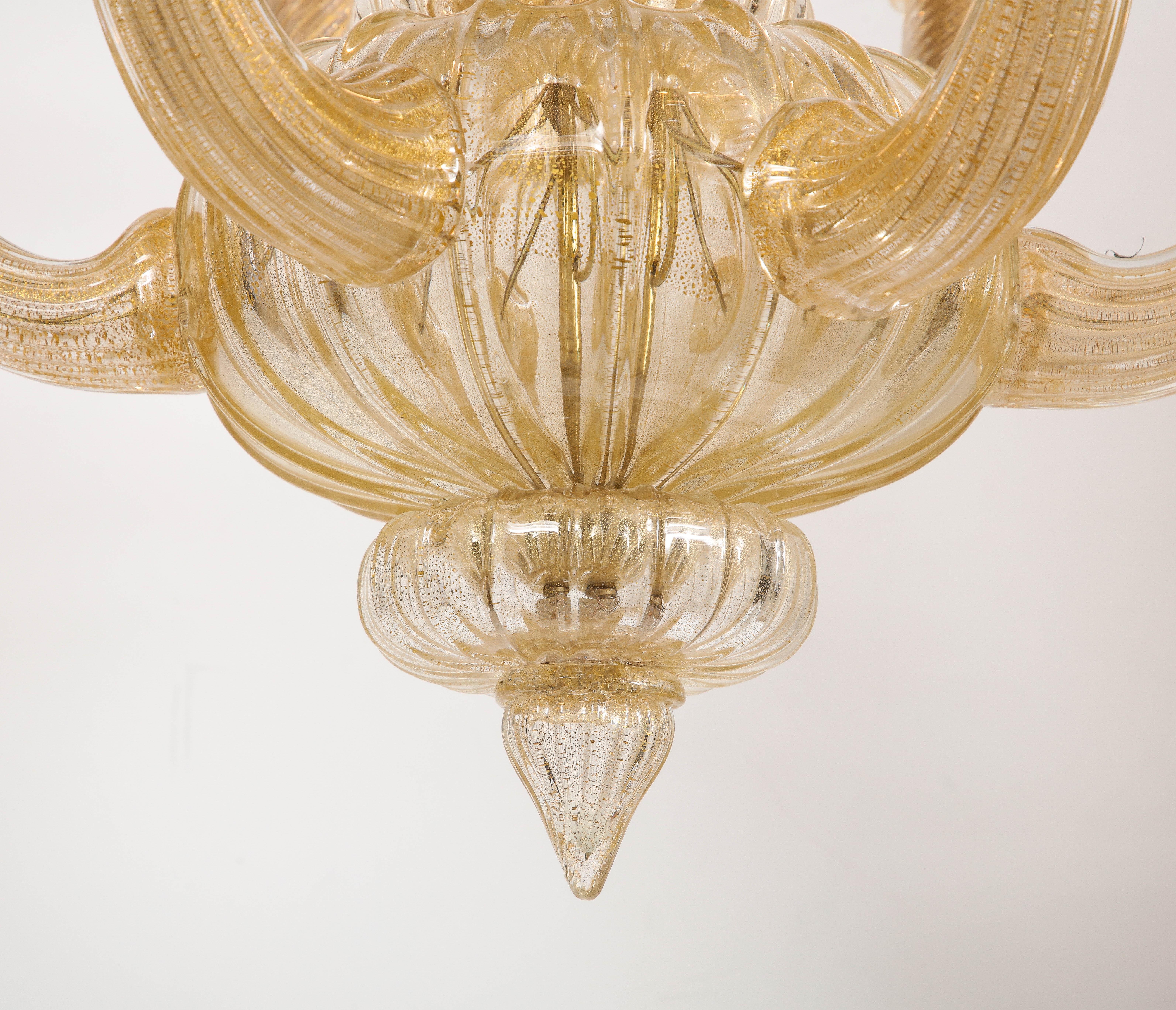 Hand-Crafted Gold Italian Murano Midcentury 6 Arm Neoclassical Style Chandelier For Sale