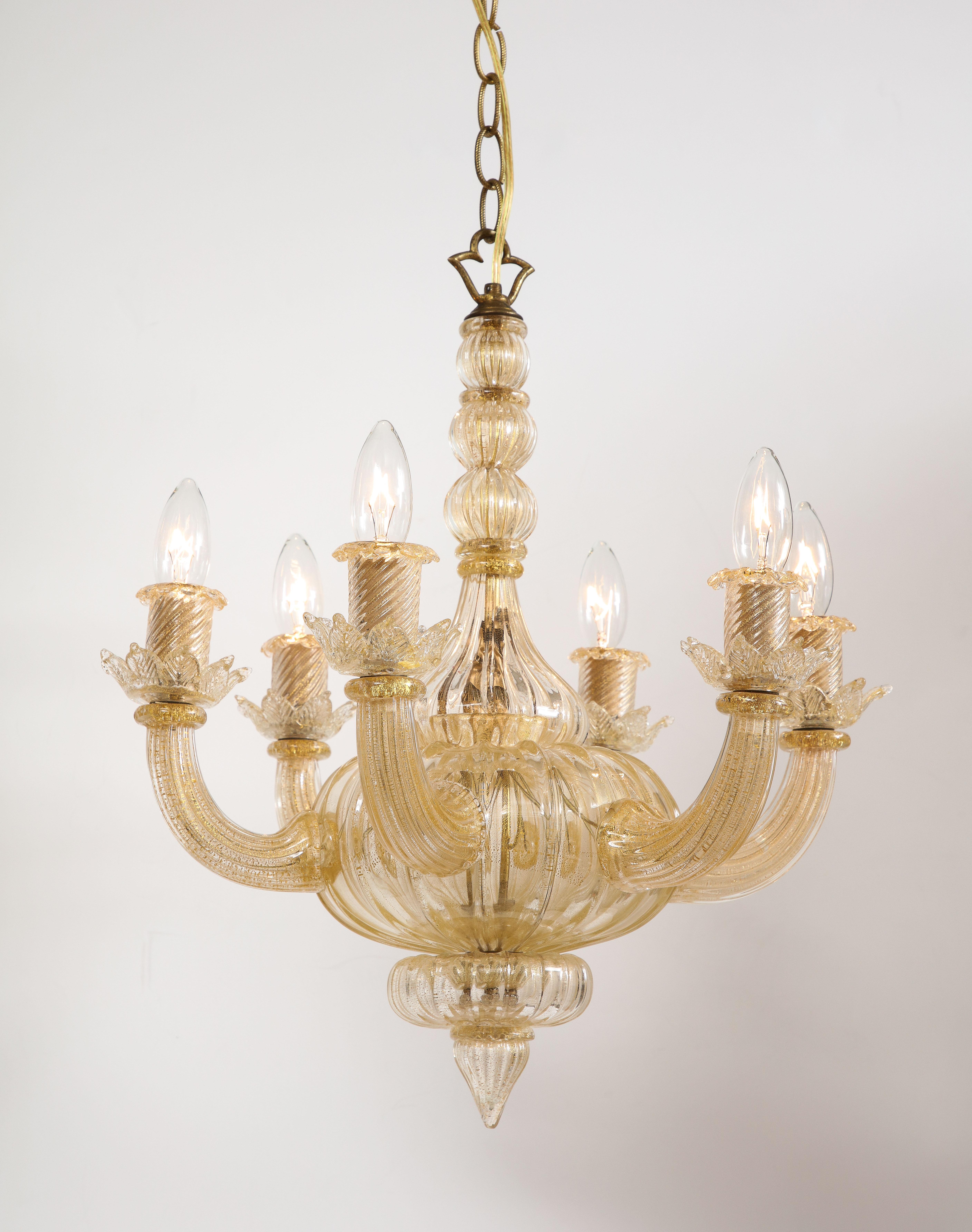 Blown Glass Gold Italian Murano Midcentury 6 Arm Neoclassical Style Chandelier For Sale