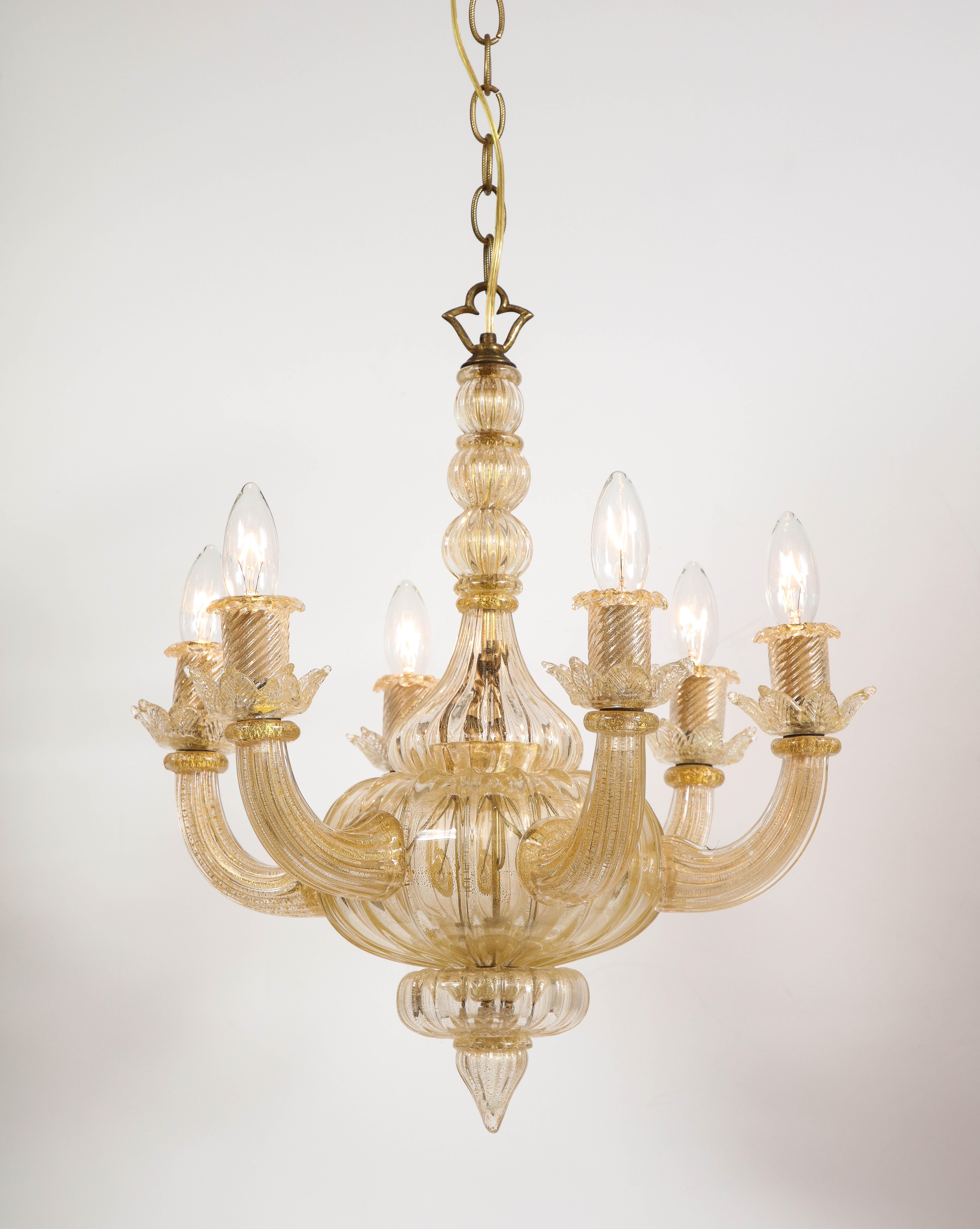 Gold Italian Murano Midcentury 6 Arm Neoclassical Style Chandelier For Sale 1