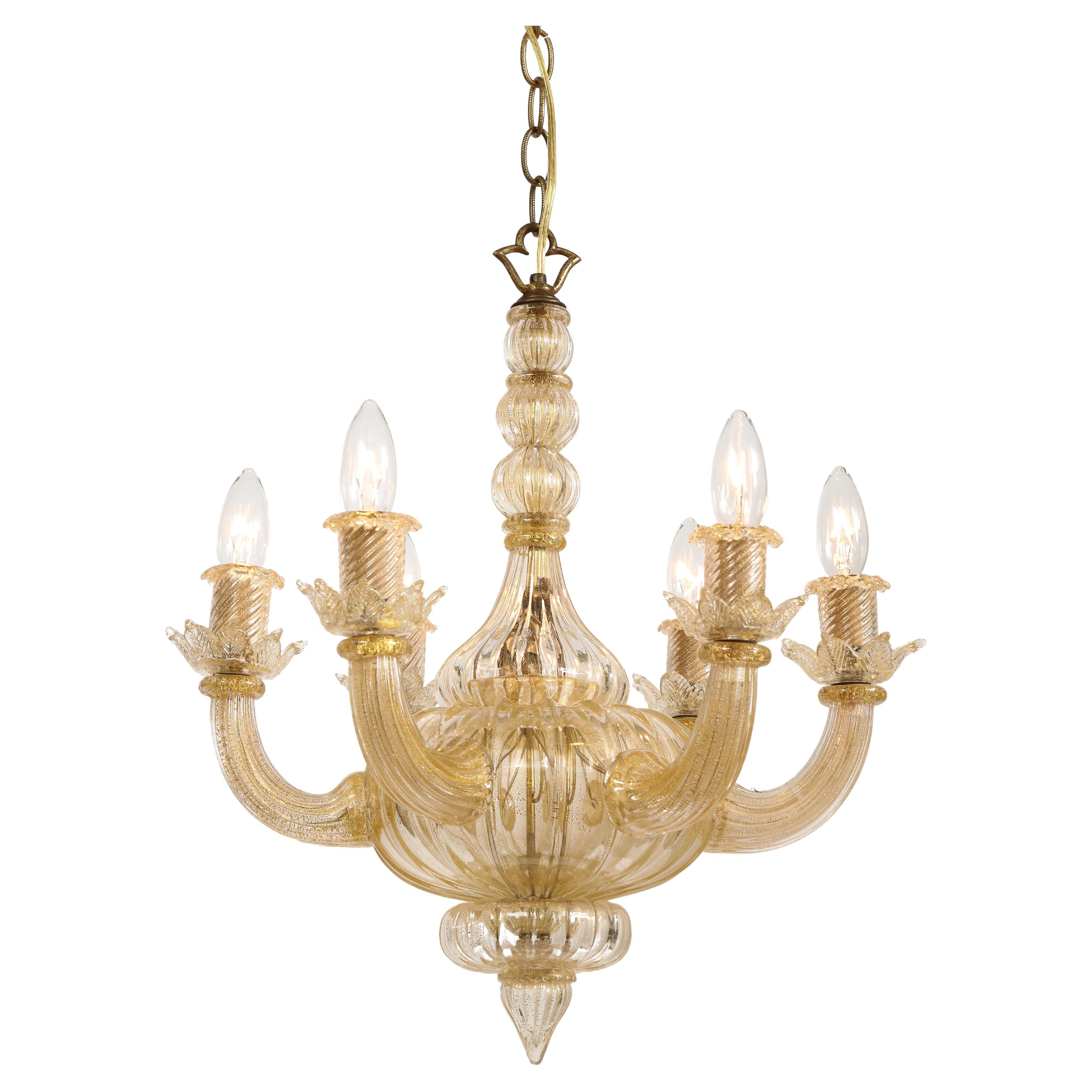 Gold Italian Murano Midcentury 6 Arm Neoclassical Style Chandelier For Sale