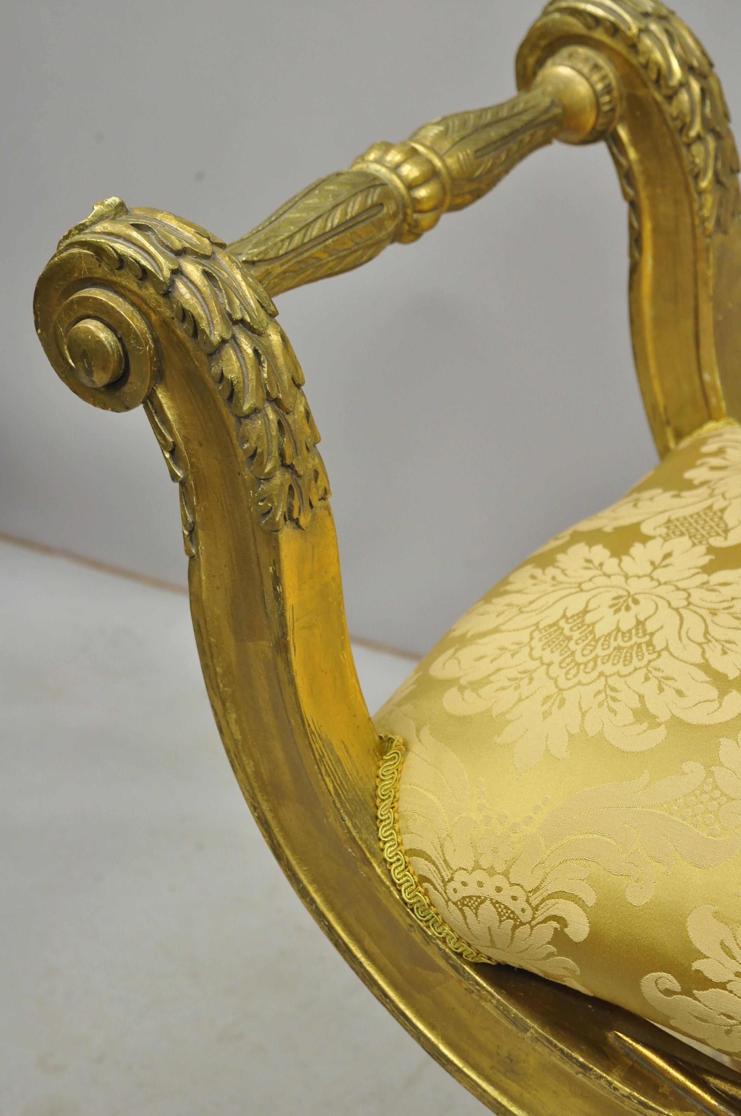 Gold Neoclassical Style Giltwood Carved Curule Bench Maitland Smith Attributed In Good Condition In Philadelphia, PA